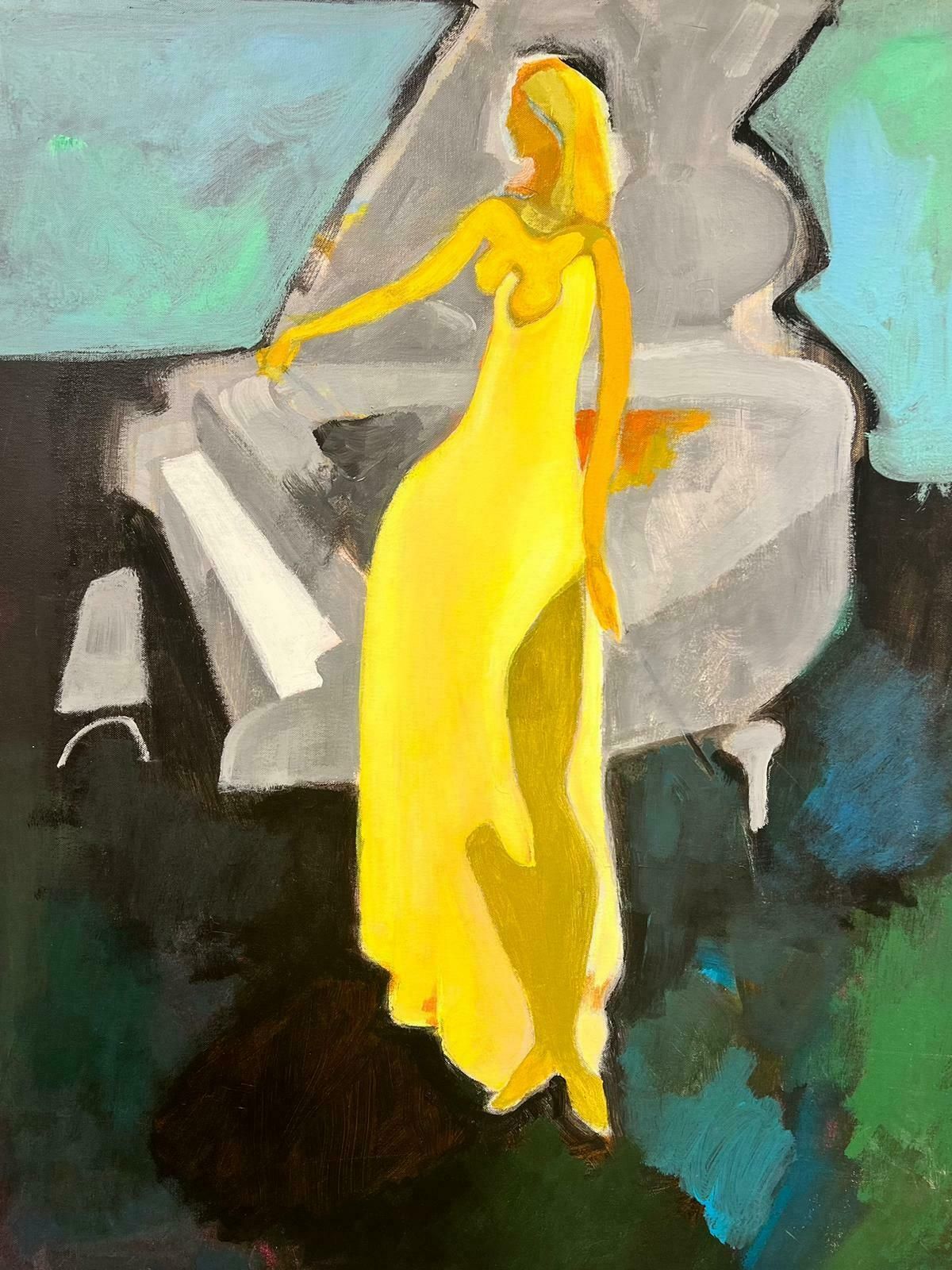 French School Large French Modernist Painting Girl In Yellow Dress Next To Grand Piano
