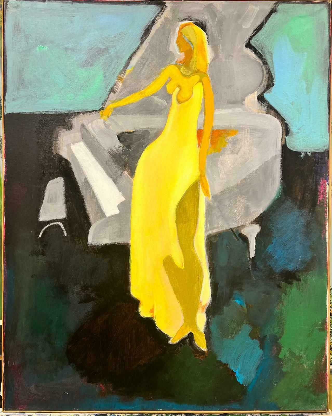 French School Large French Modernist Painting Girl In Yellow Dress Next To Grand Piano photo furniture