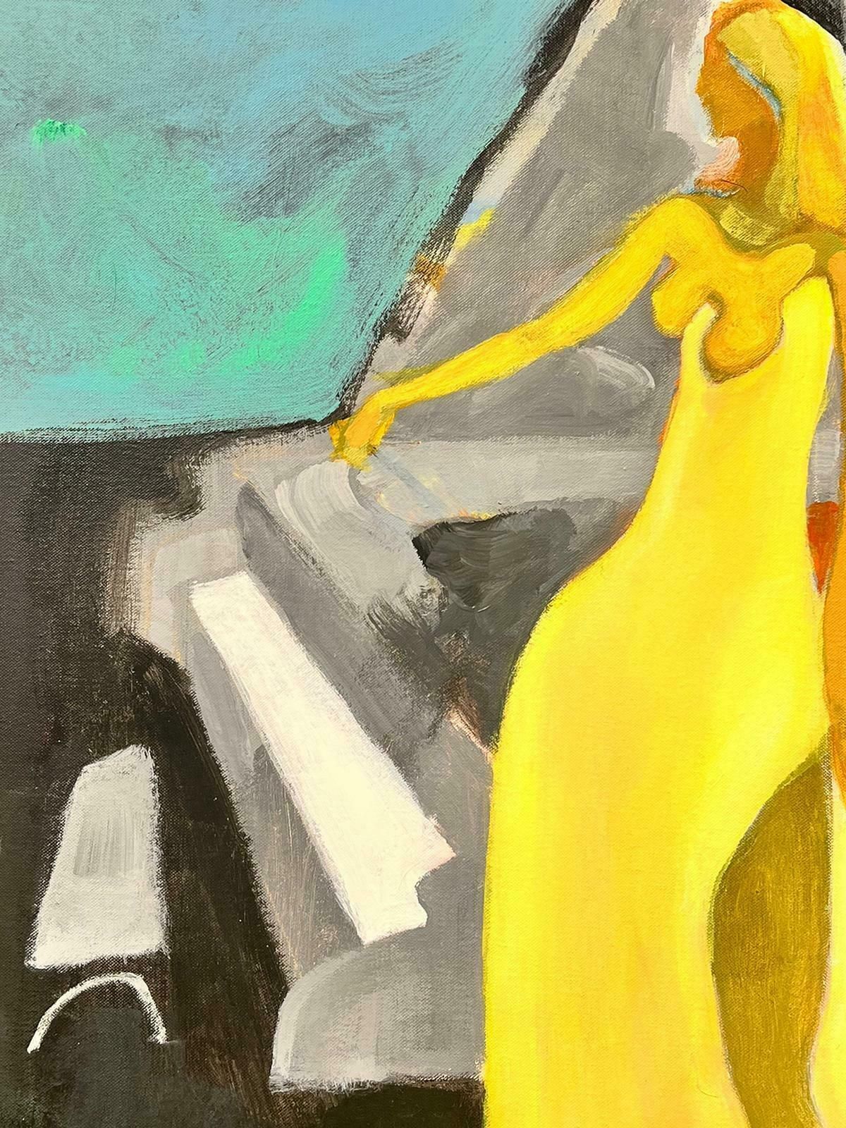 French School Large French Modernist Painting Girl In Yellow Dress Next To Grand Piano photo 2295.0