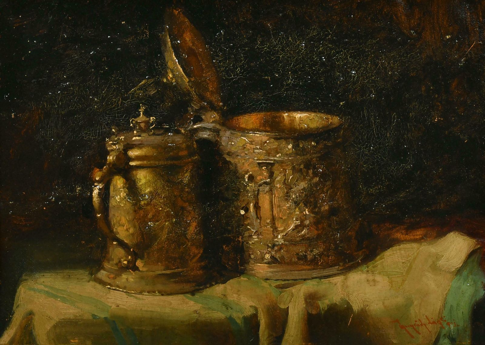 Early 20th Century European Schoolfine Impressionist Antique Signed Oil Painting Still Life Tankards Interiors