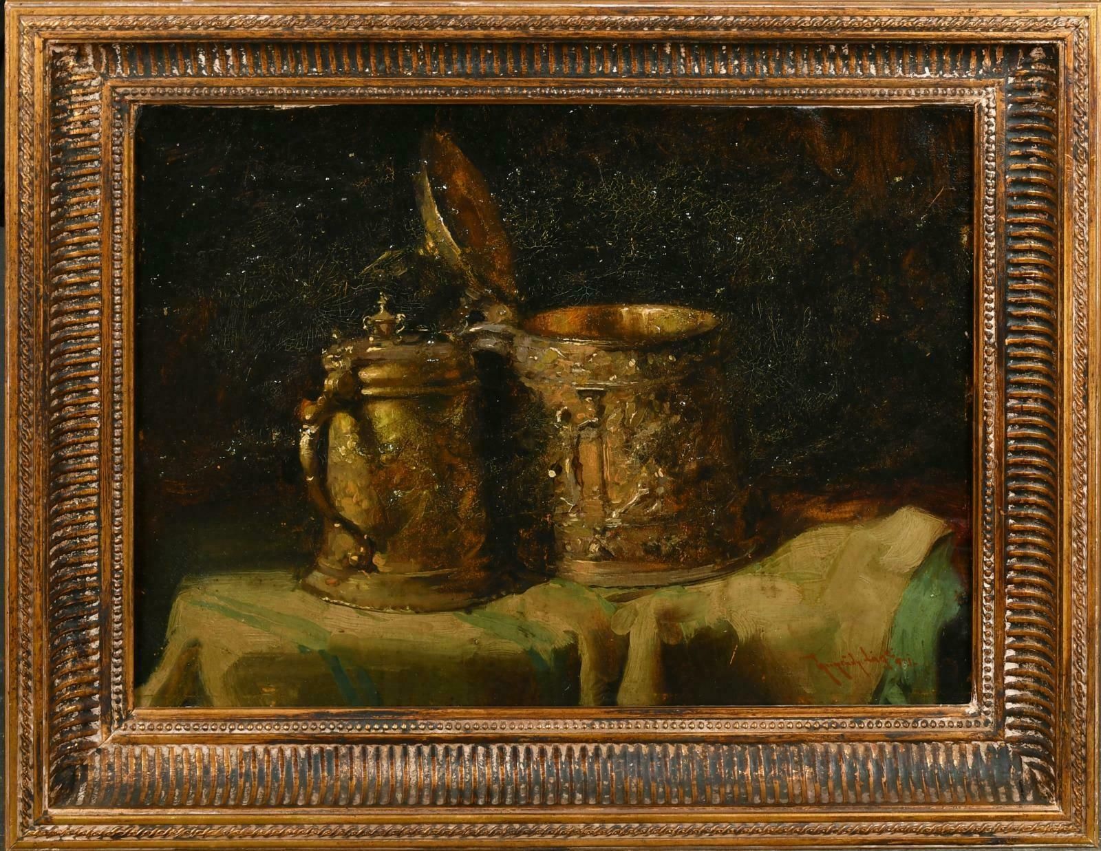 Early 20th Century European Schoolfine Impressionist Antique Signed Oil Painting Still Life Tankards Interiors photo furniture