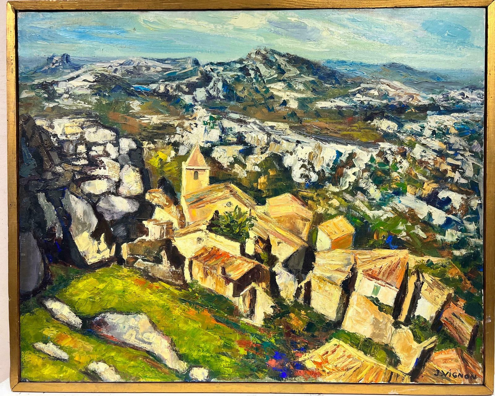 Josine Vignonhuge 1960s Post Impressionist Oil Catalan Spanish Mountain Range Hilltop Village1960's photo furniture