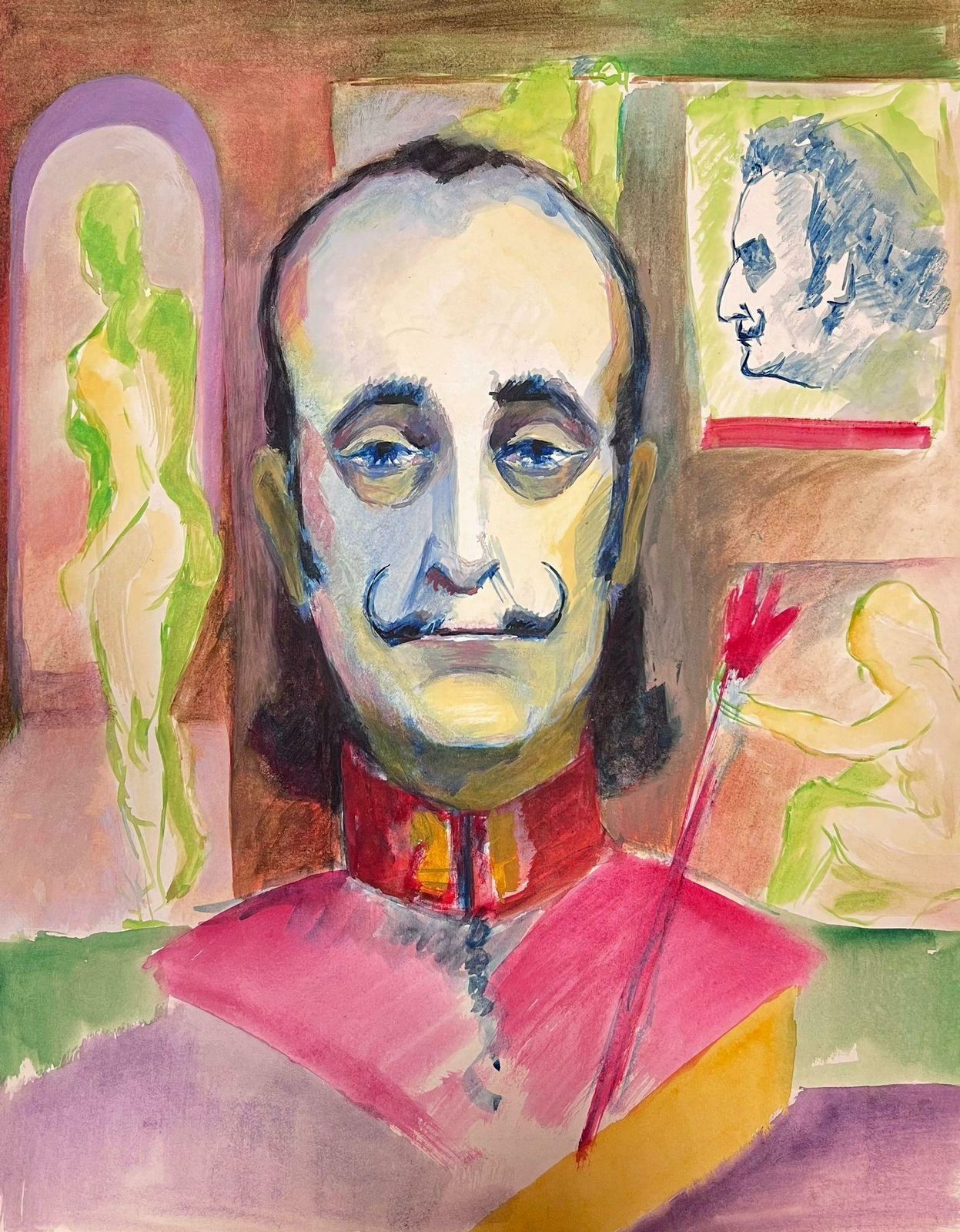 Guy Nicod Male Wacky Artist Portrait Swirly Moustache French Painting