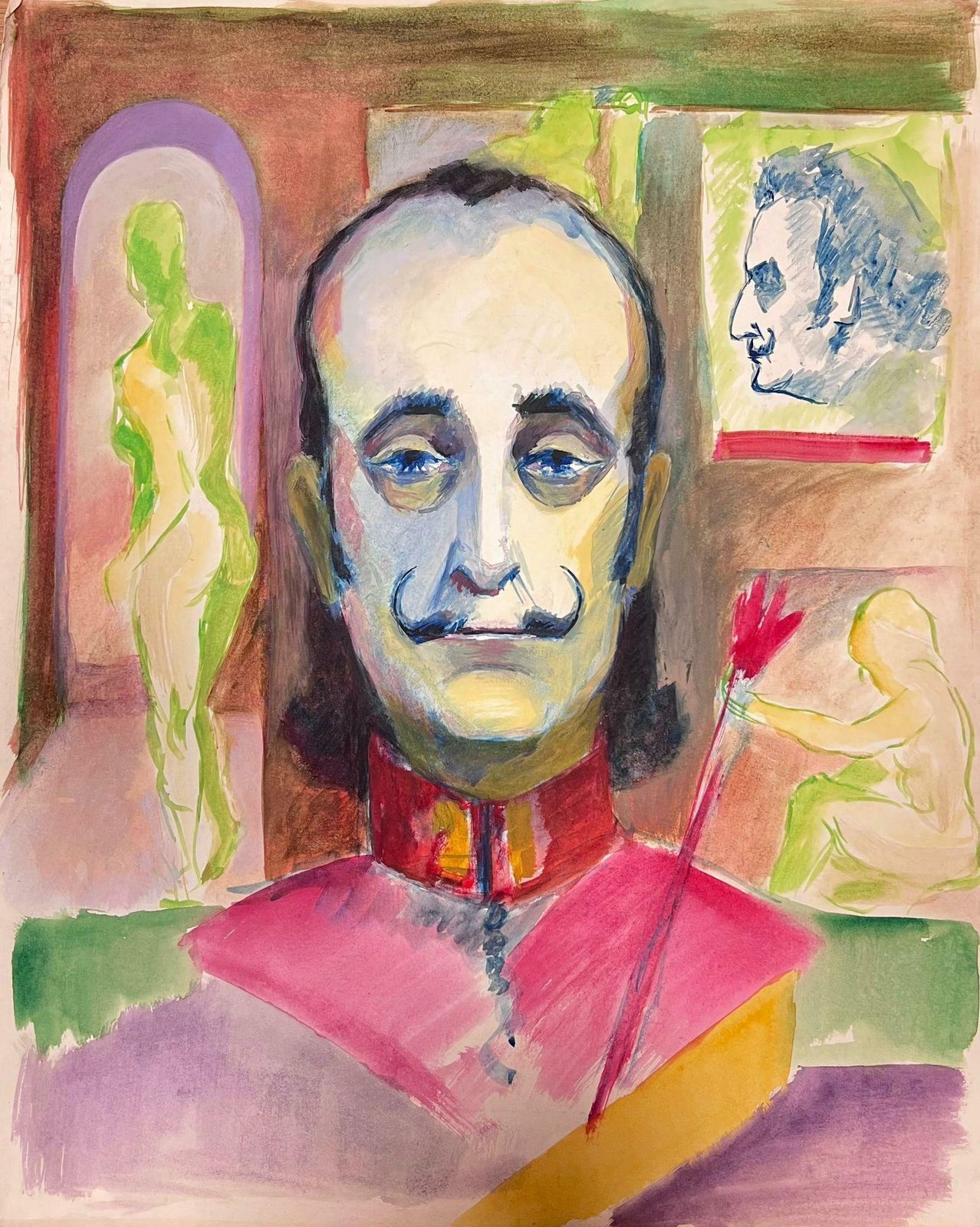 Guy Nicod Male Wacky Artist Portrait Swirly Moustache French Painting photo furniture
