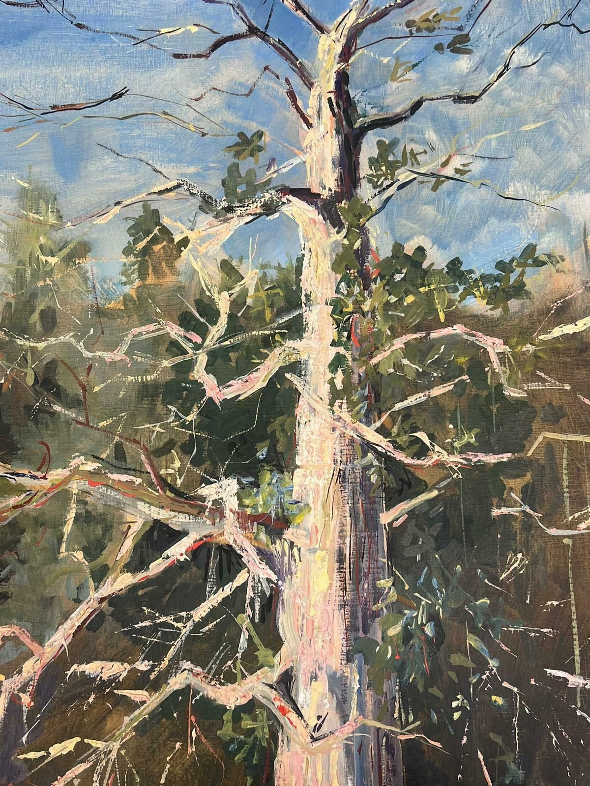 Bernard Labbe20th Century Modernist Painting Bare Tall Tree Over River Bank Landscape1950's photo buy