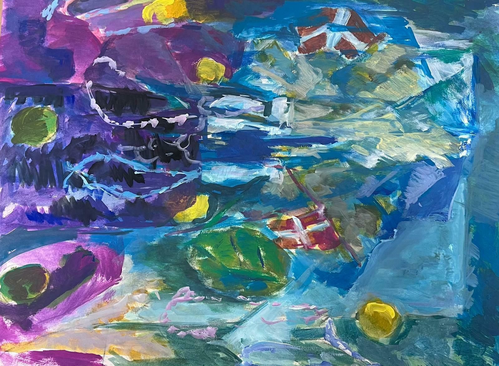 Guy Nicod French 20th Century Modernist Painting Bright Blue And Purple Abstract photo Art