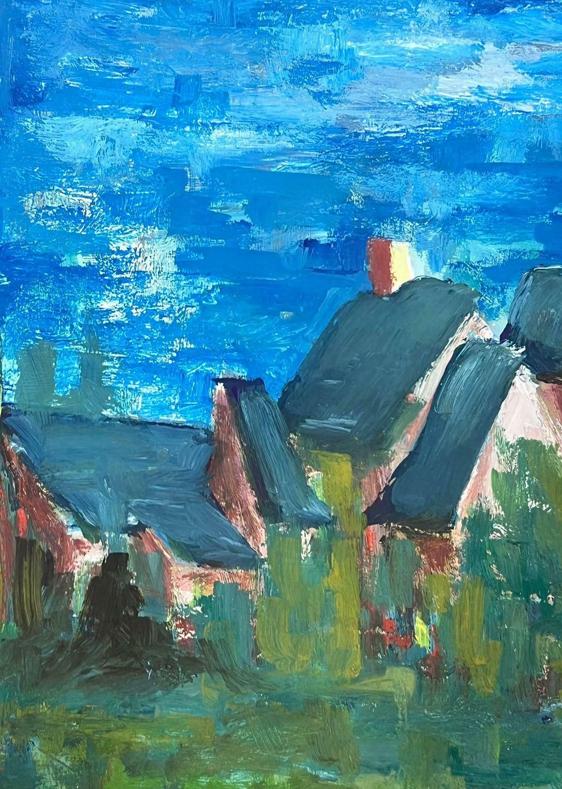 Bernard Labbe20th Century Modernist Painting Blue Roof Buildings In Bright Blue Sky Fields1950's photo for sale