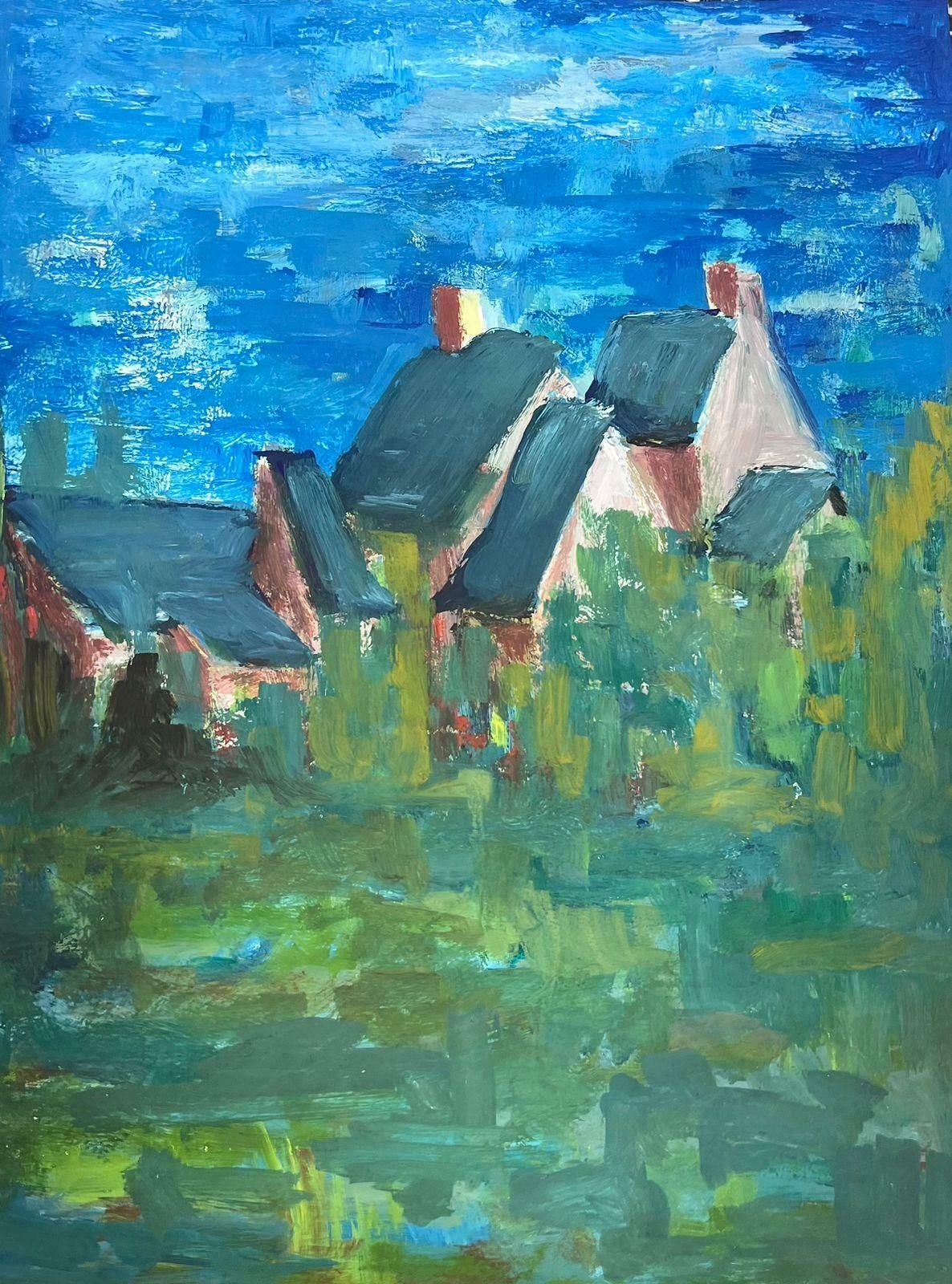 Bernard Labbe20th Century Modernist Painting Blue Roof Buildings In Bright Blue Sky Fields1950's photo 663.0