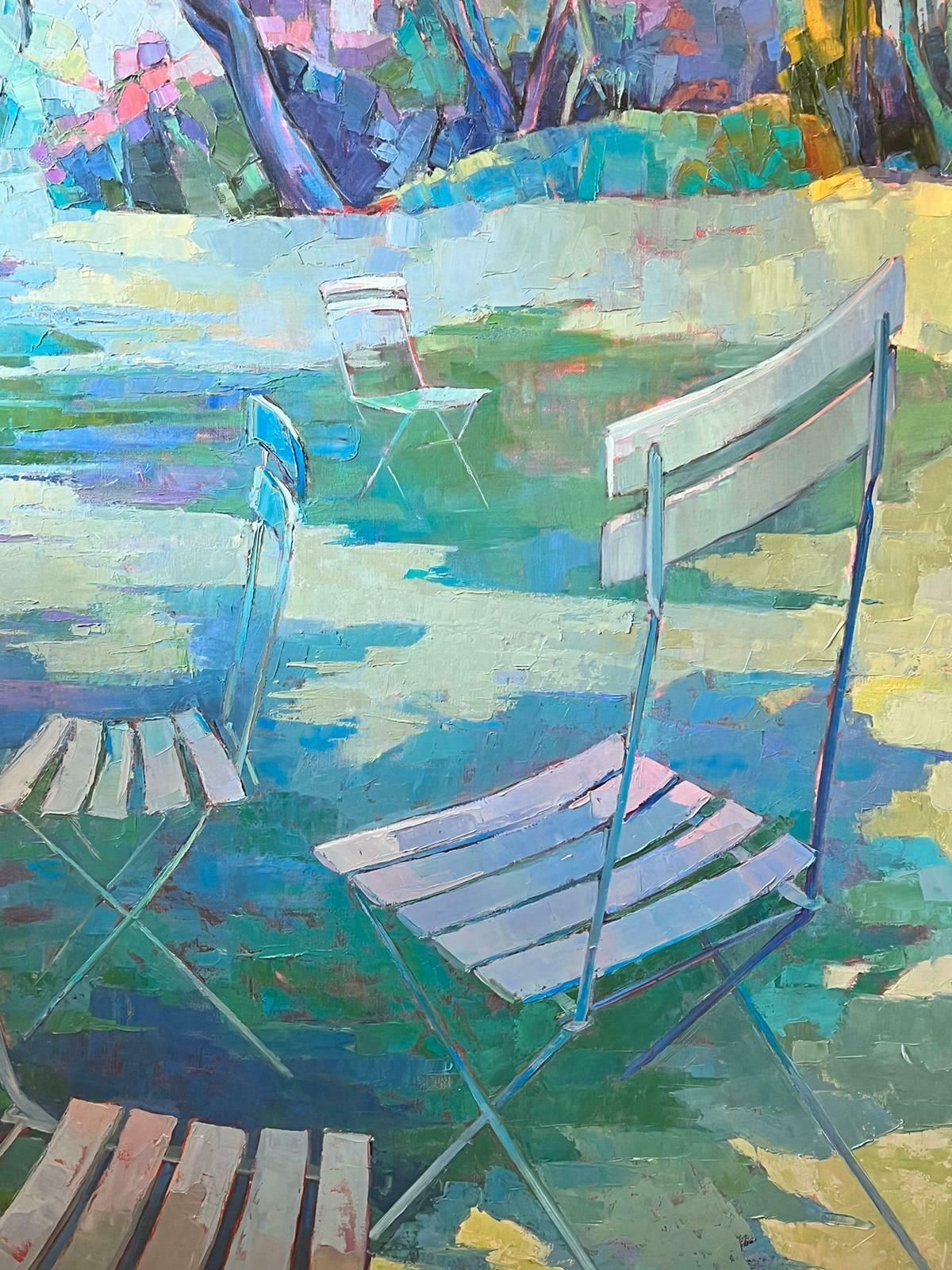 Jeanon Pitrehuge French Modernist Oil Sunny Garden Landscape With French Chairs photo for sale