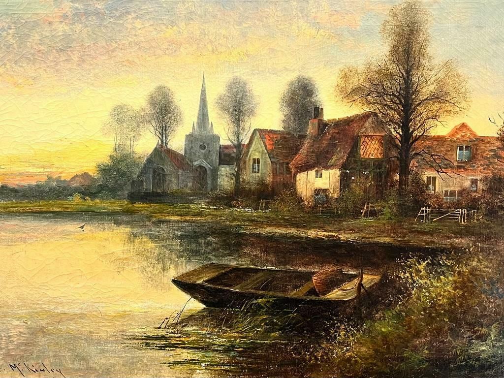 Charles M.C Kinleyantique English Signed Oil Sunset River Landscape Boat Old Church & Buildings photo furniture