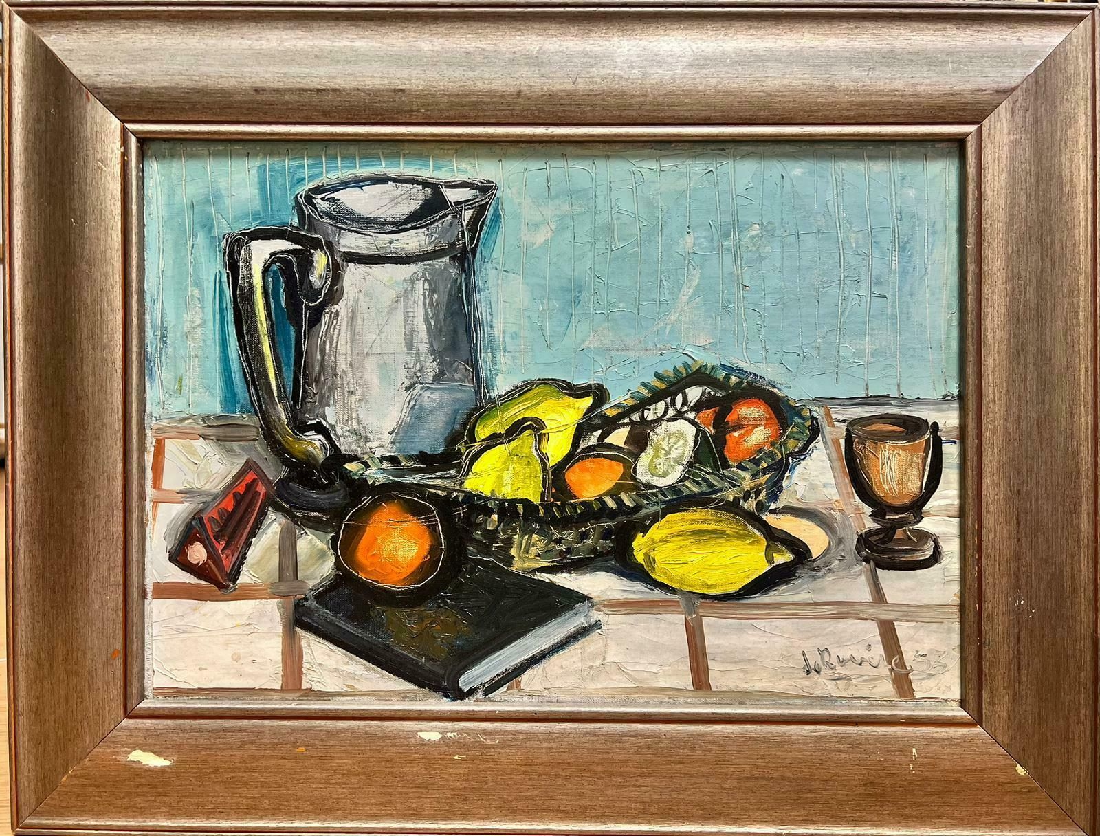 French School1950’s French Expressionist Signed Oil Still Life Lemons Oranges On Table photo furniture