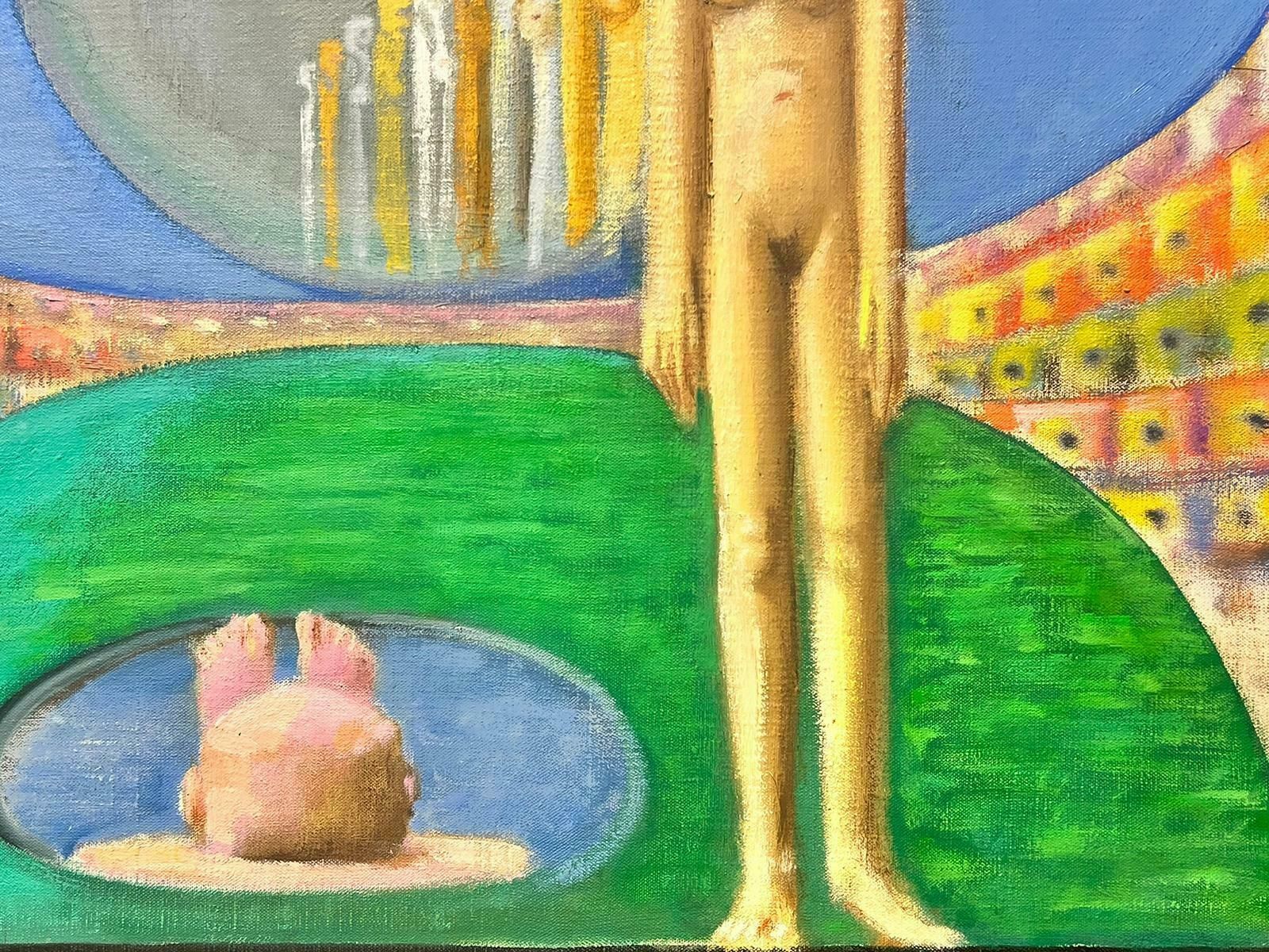 T. Fabris1980’s French Surrealist Huge Oil Painting Nude Sculpture In Green Landscape 1980’s photo vinterior