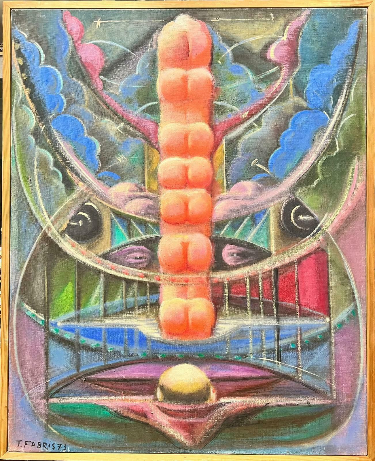 T. Fabris1970’s French Large Surrealist Abstract Oil Painting Pink Green Blues1973 photo furniture