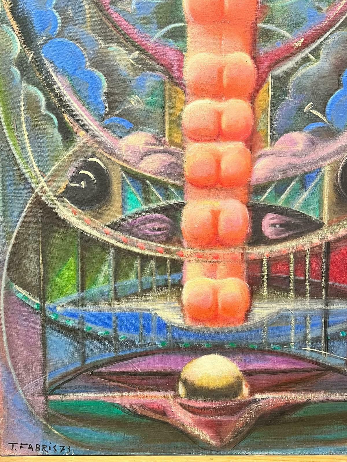 T. Fabris1970’s French Large Surrealist Abstract Oil Painting Pink Green Blues1973 photo Art