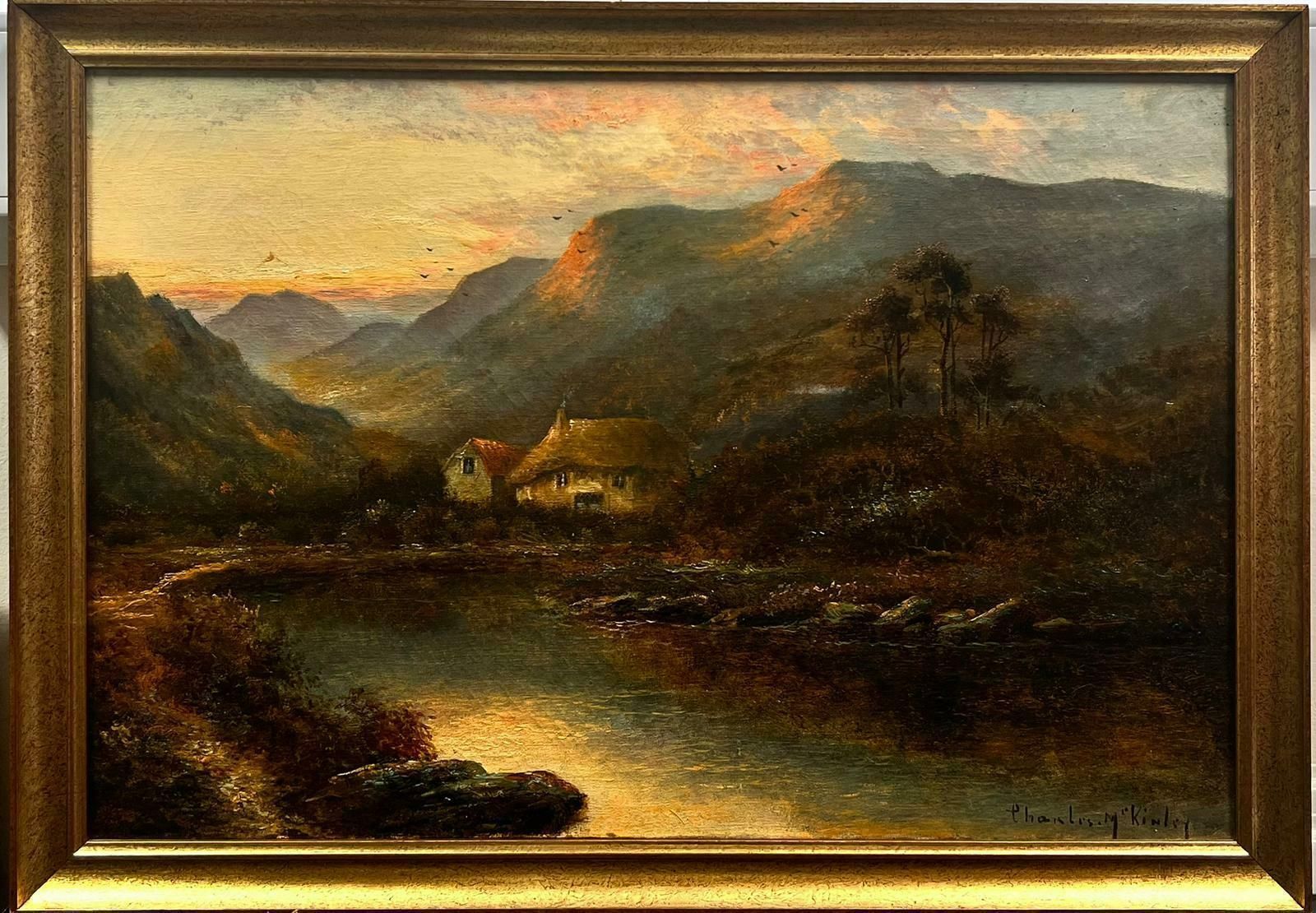 Charles M.C Kinleyantique Scottish Signed Oil Sunset Over Loch Side Cottages And Mountains photo furniture