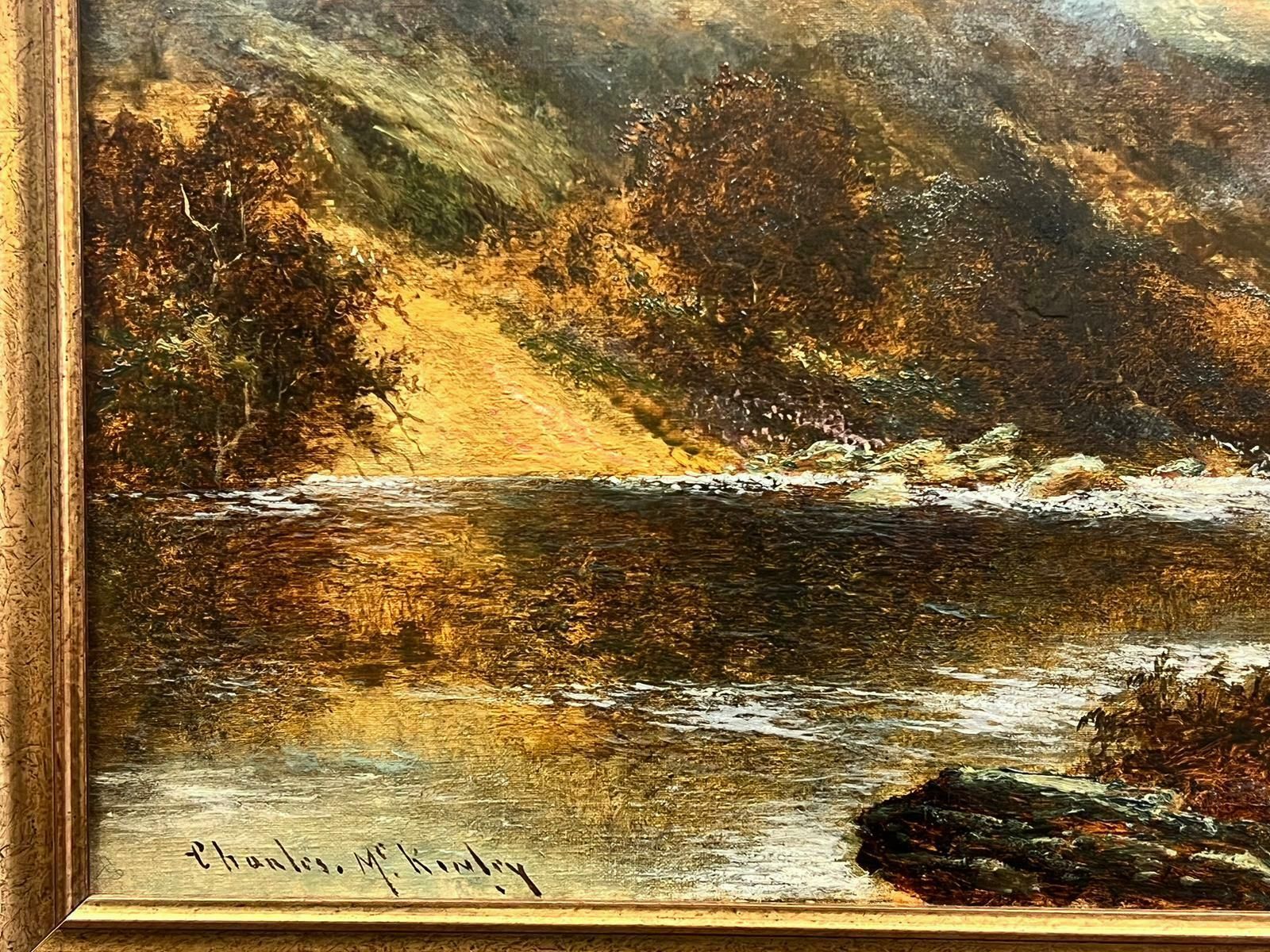 Charles M.C Kinleyantique Scottish Highlands Golden Landscape River Through The Glen Signed Oil photo Art