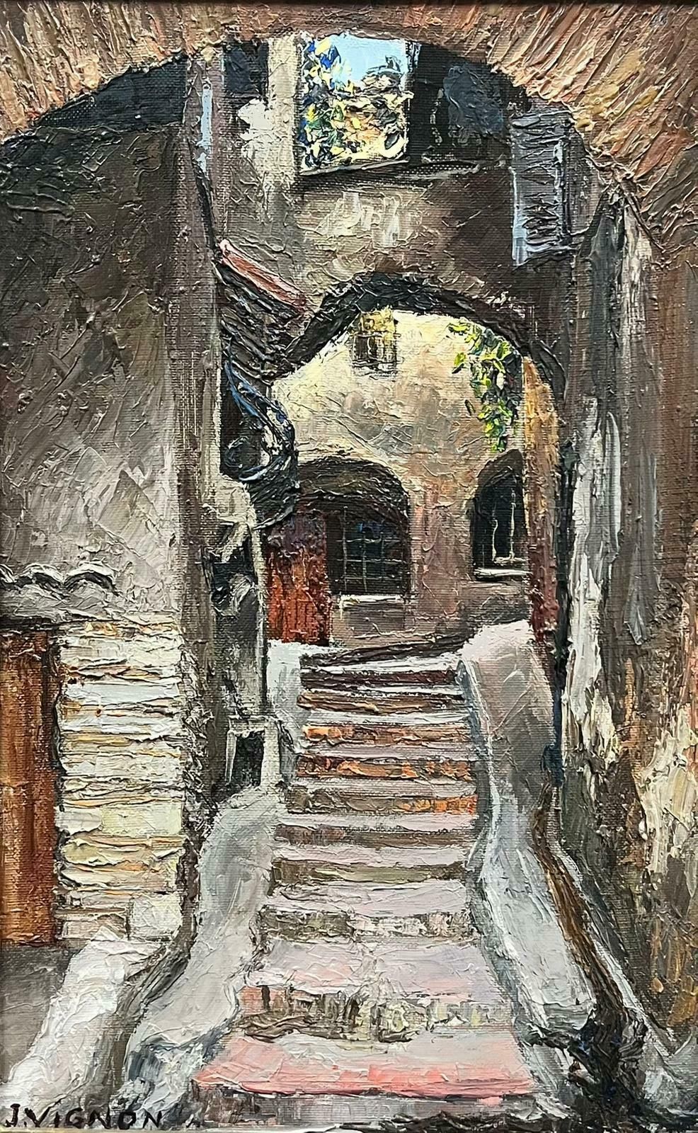 Josine Vignonold Town Provence Stone Steps Back Streets 1960’s French Oil Painting 1960's photo furniture