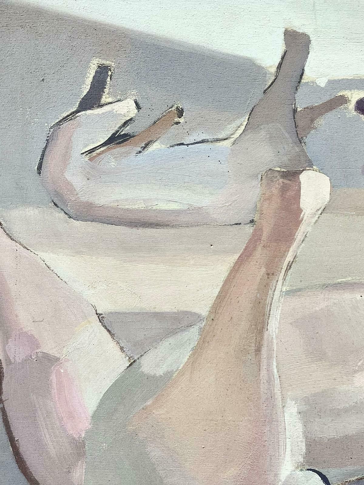 French Schoollarge 1970’s French Modernist Oil Painting Horses Laying On Backs In Field photo Art