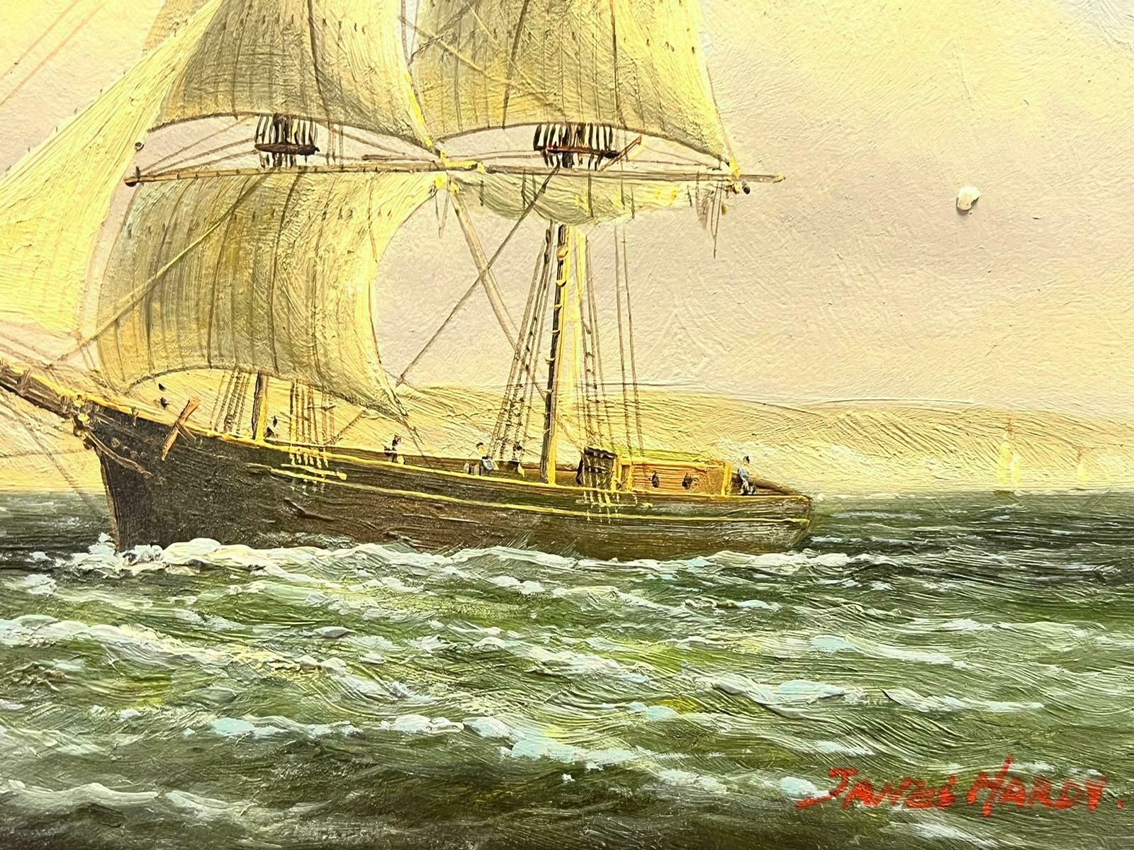 James Hardyclassic Tall Sailing Ship In Choppy Waters Off Coastline, Signed Oil Painting photo for sale