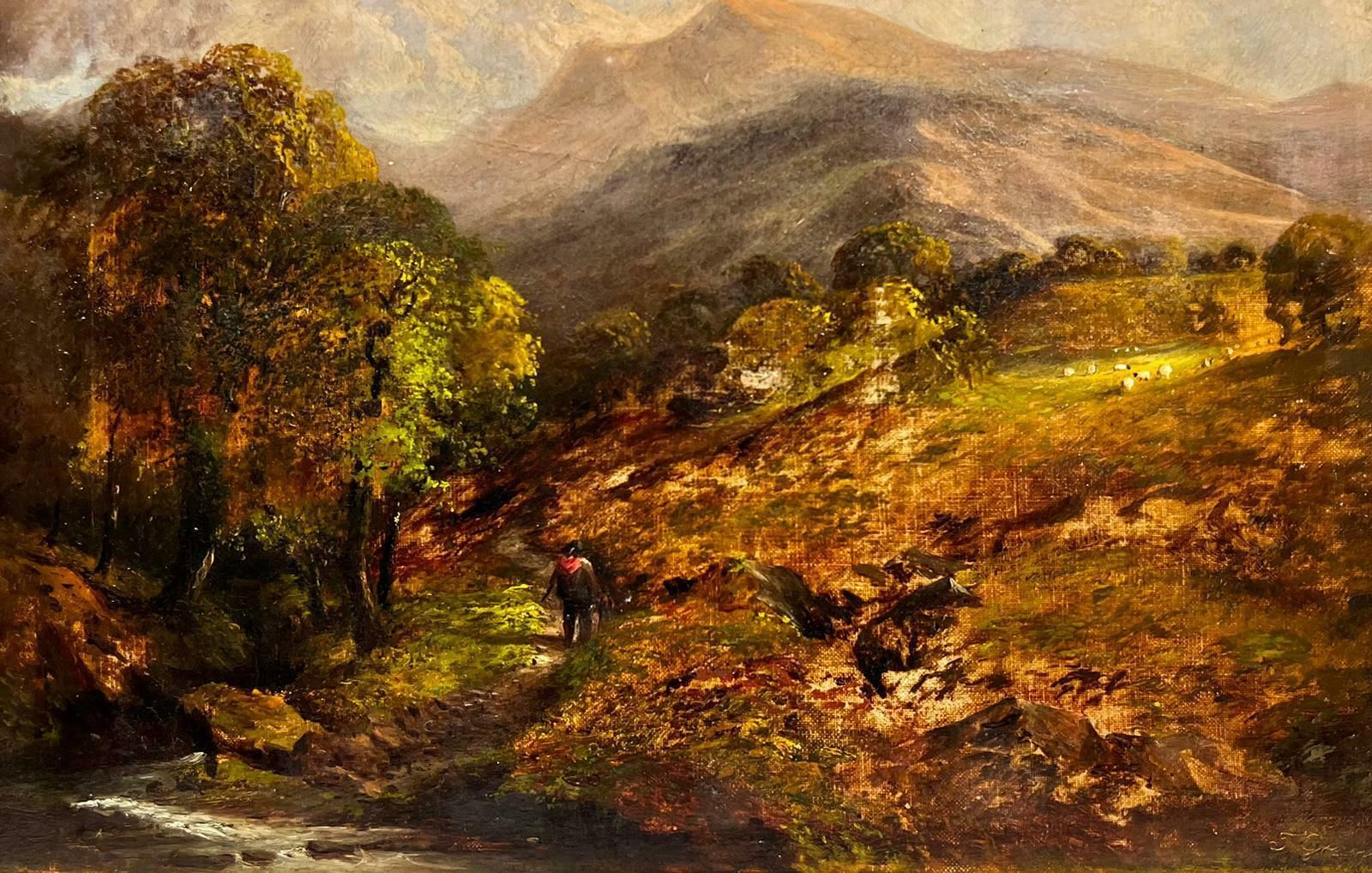 J.Greenvictorian Oil Painting Scottish Highland Landscape Figure By Stream & Sheep photo Art