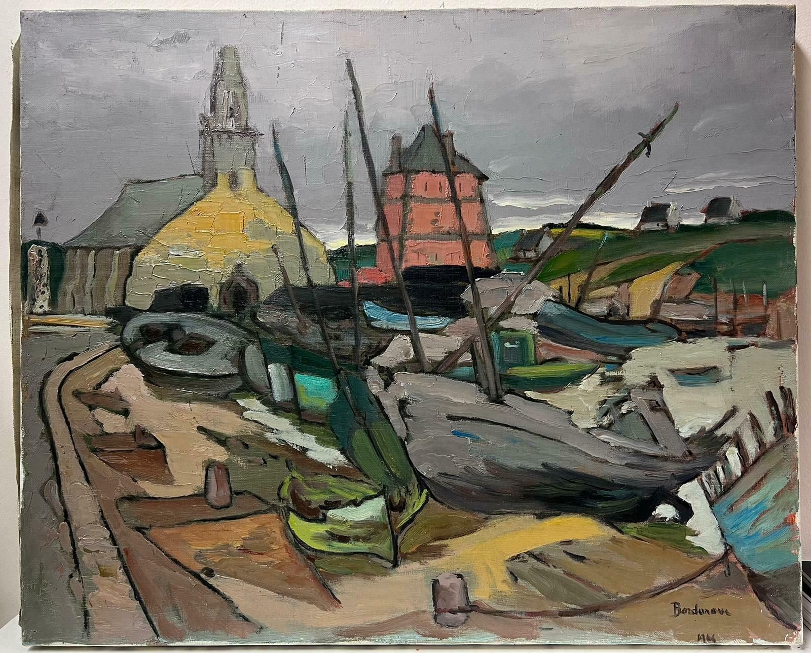Georges Bordonovecontemporary French Impressionist Oil Fishing Boats In Dark Town Dockyard photo for sale