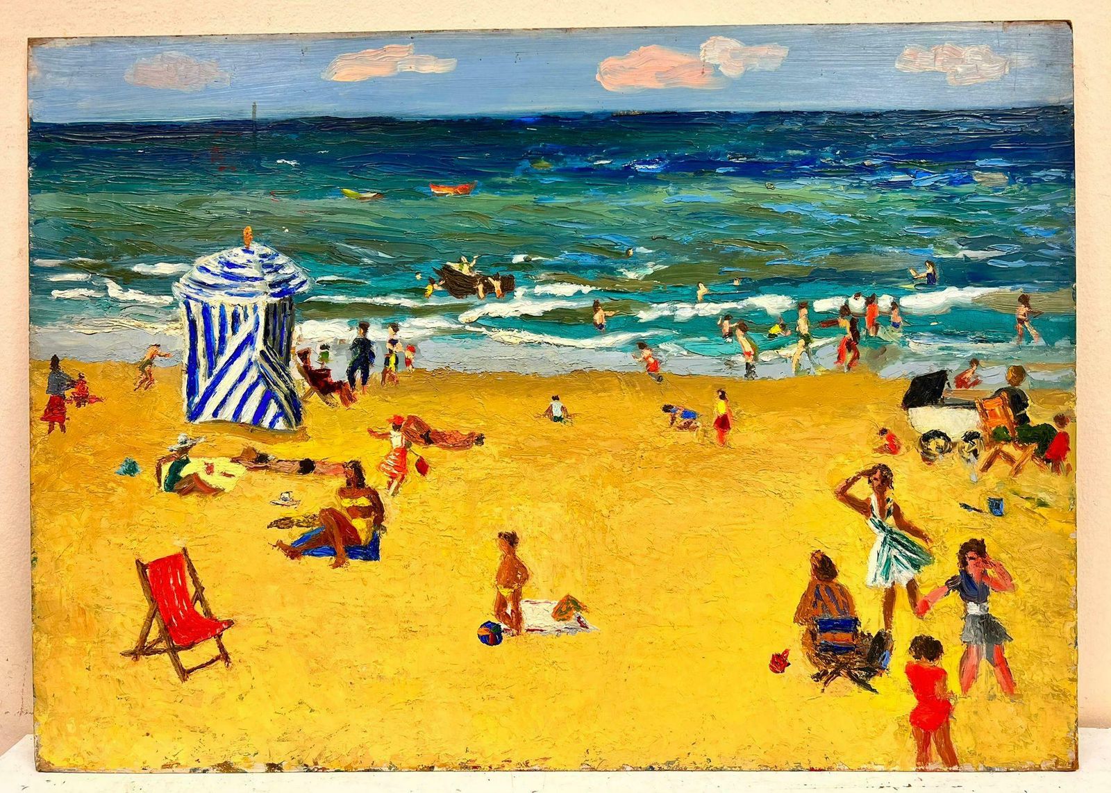 Josine Vignona Fun Day At The Beach In A Hot Summer Day Thick Impasto Oil1960's photo furniture