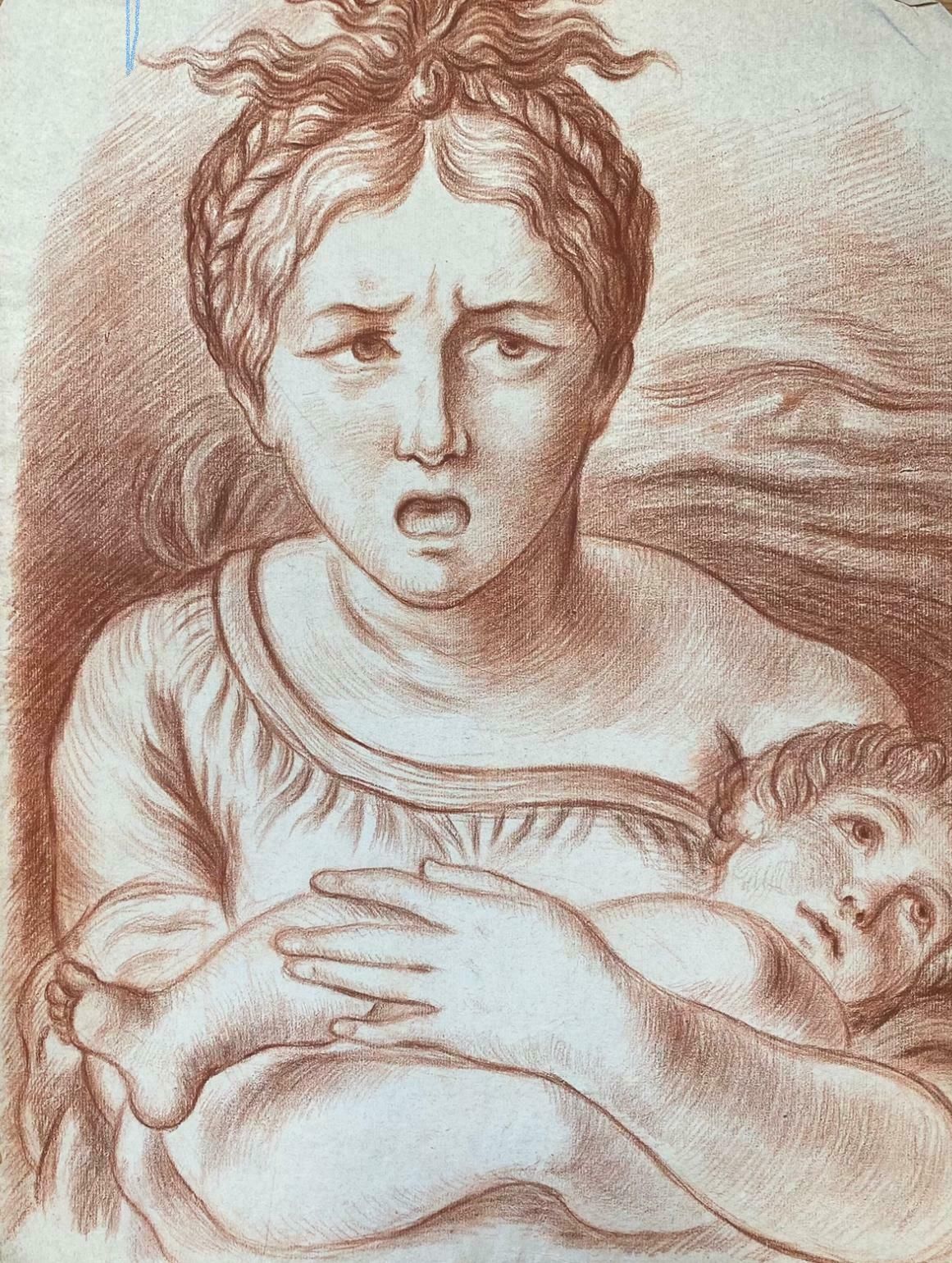 Unknownantique French Old Master Sanguine Chalk Drawing Mother & Child Portrait19th Century
