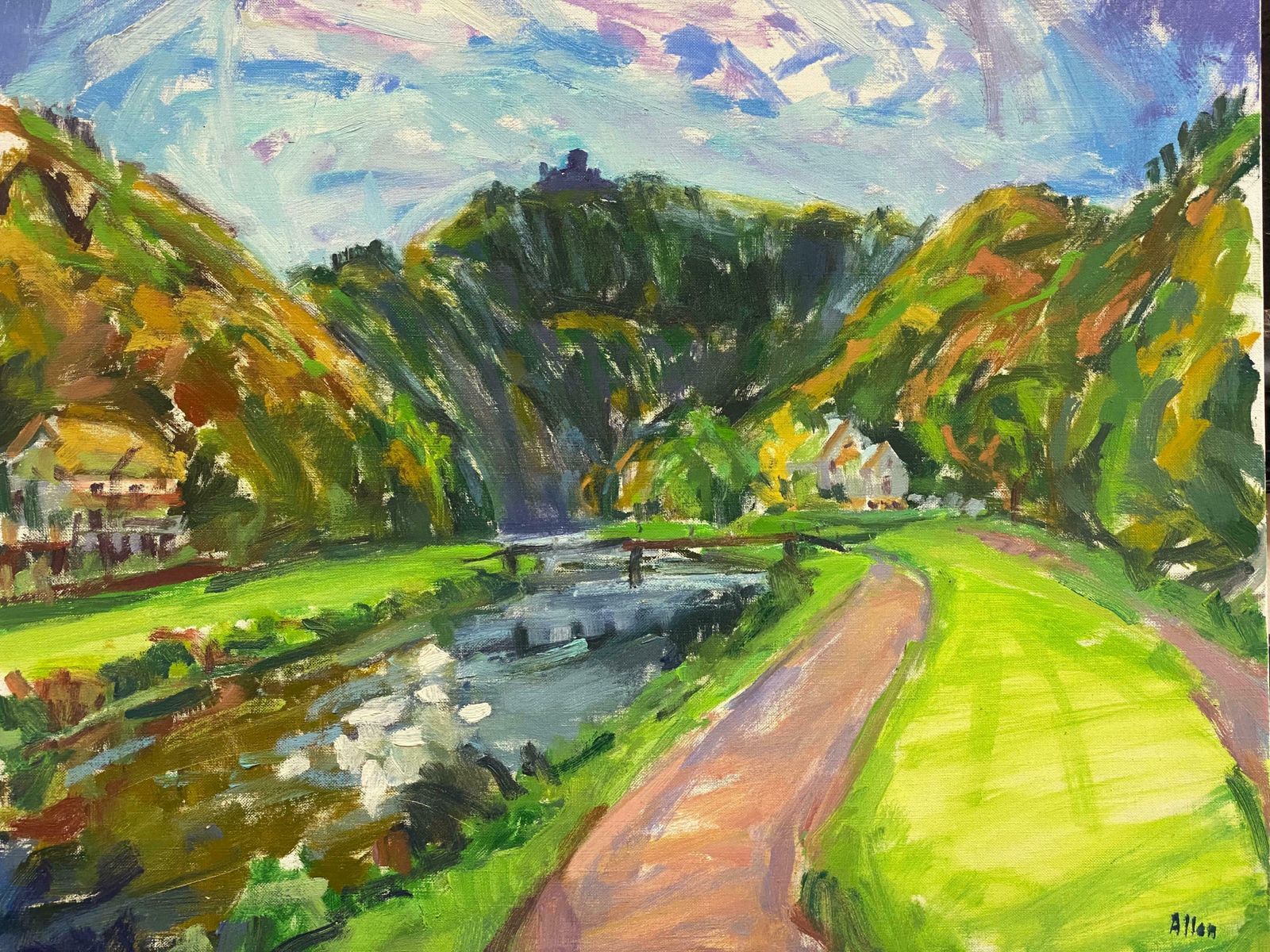 Douglas Stuart Allenlarge French Impressionist Signed Oil Lush Green River Landscape20th Century
