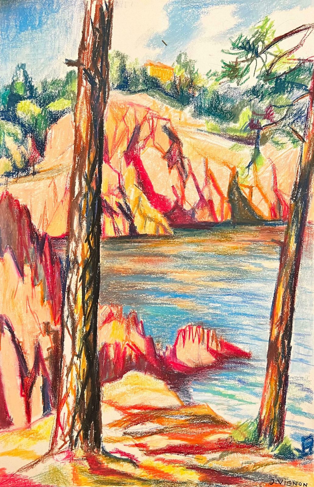 Josine Vignonfrench Bright And Vibrant Pastel Lake Landscape In Le Trayes 1960's