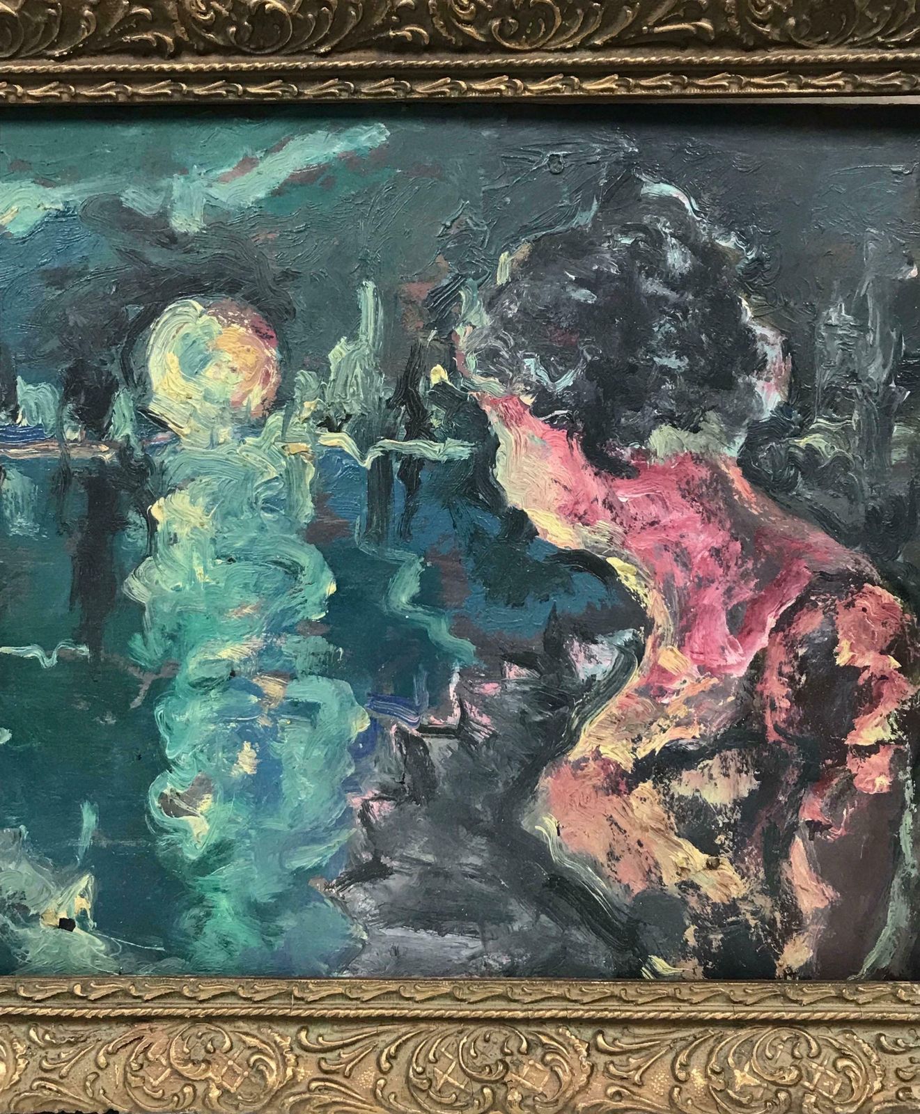 1950's French Mid 20th Century French Expressionist Oil Elegant Lady Looking Over Moonlit Lake photo 964.0