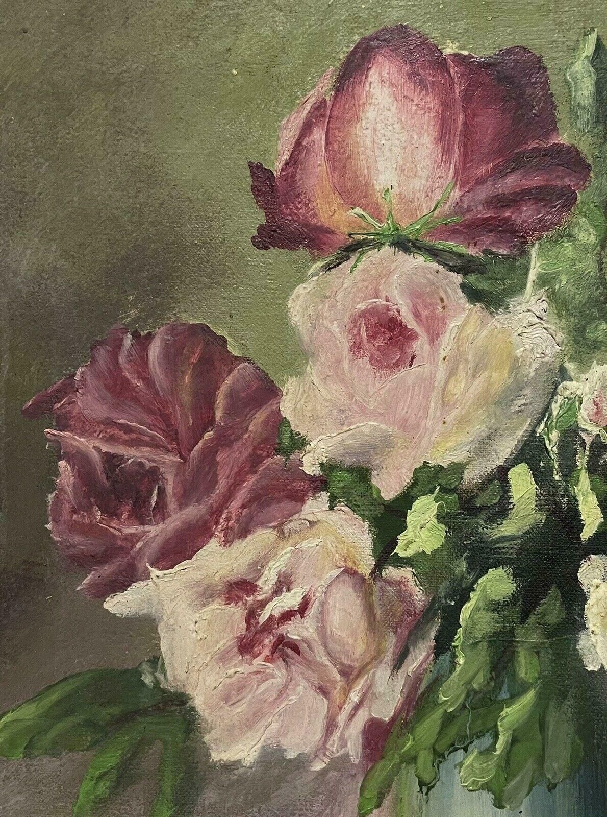 Unknown1950's Vintage French Impressionist Signed Oil Pink Roses In Vase Framed photo for sale