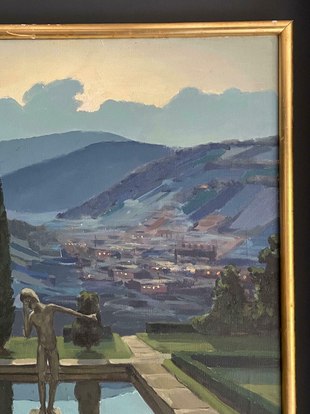 Unknowntuscany Sunset Statue In Waterlily Pool Overlooking Tuscan Hills   Signed Oil C. 1970's photo vinterior