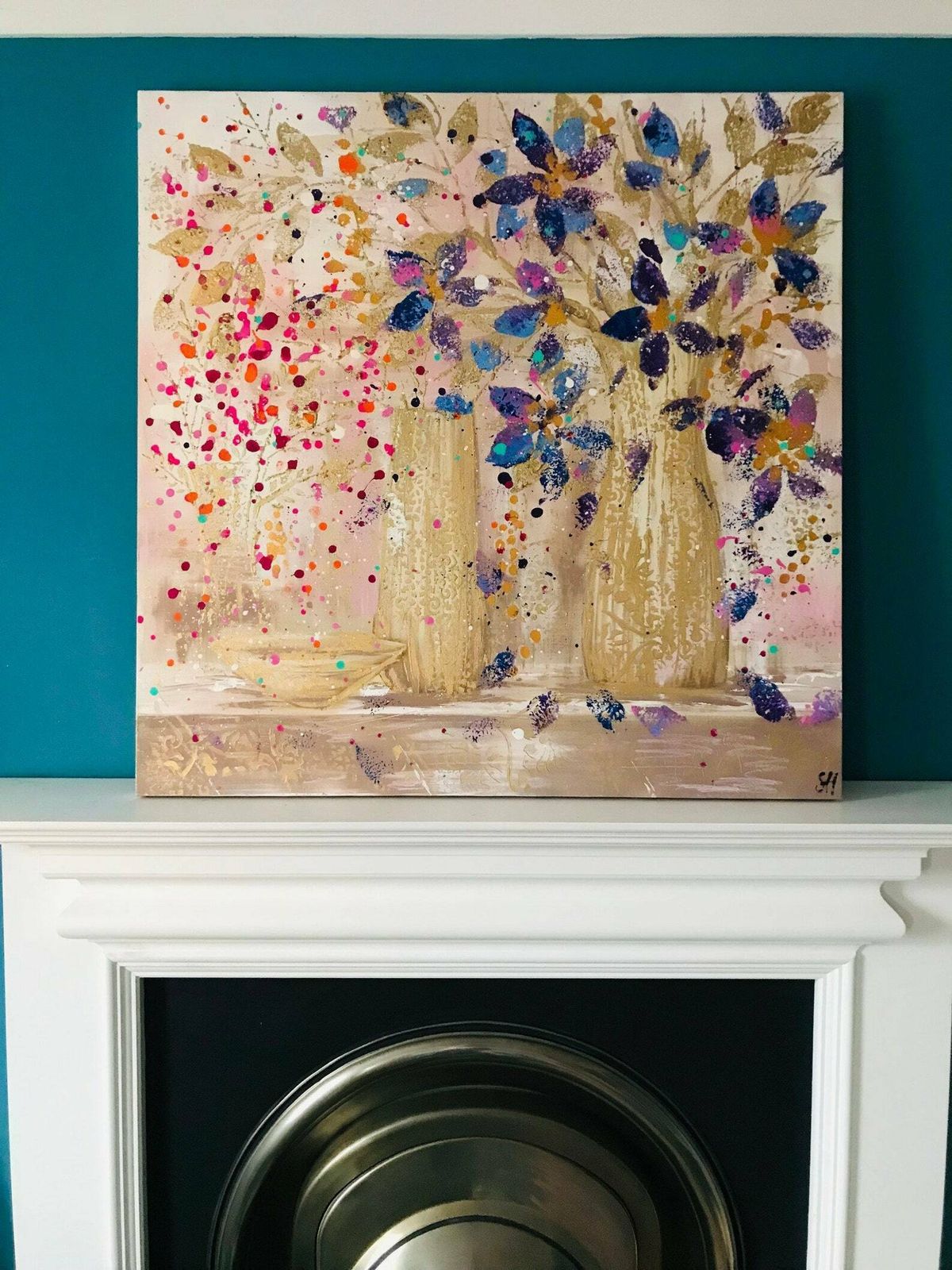 Willow.Hand Painted Original Acrylic Vase Floral Art On A Up Cycled Deep Edge Wooden Board/Canvas 90cmx90cm. Pink/Blue/Purple/Gold photo furniture