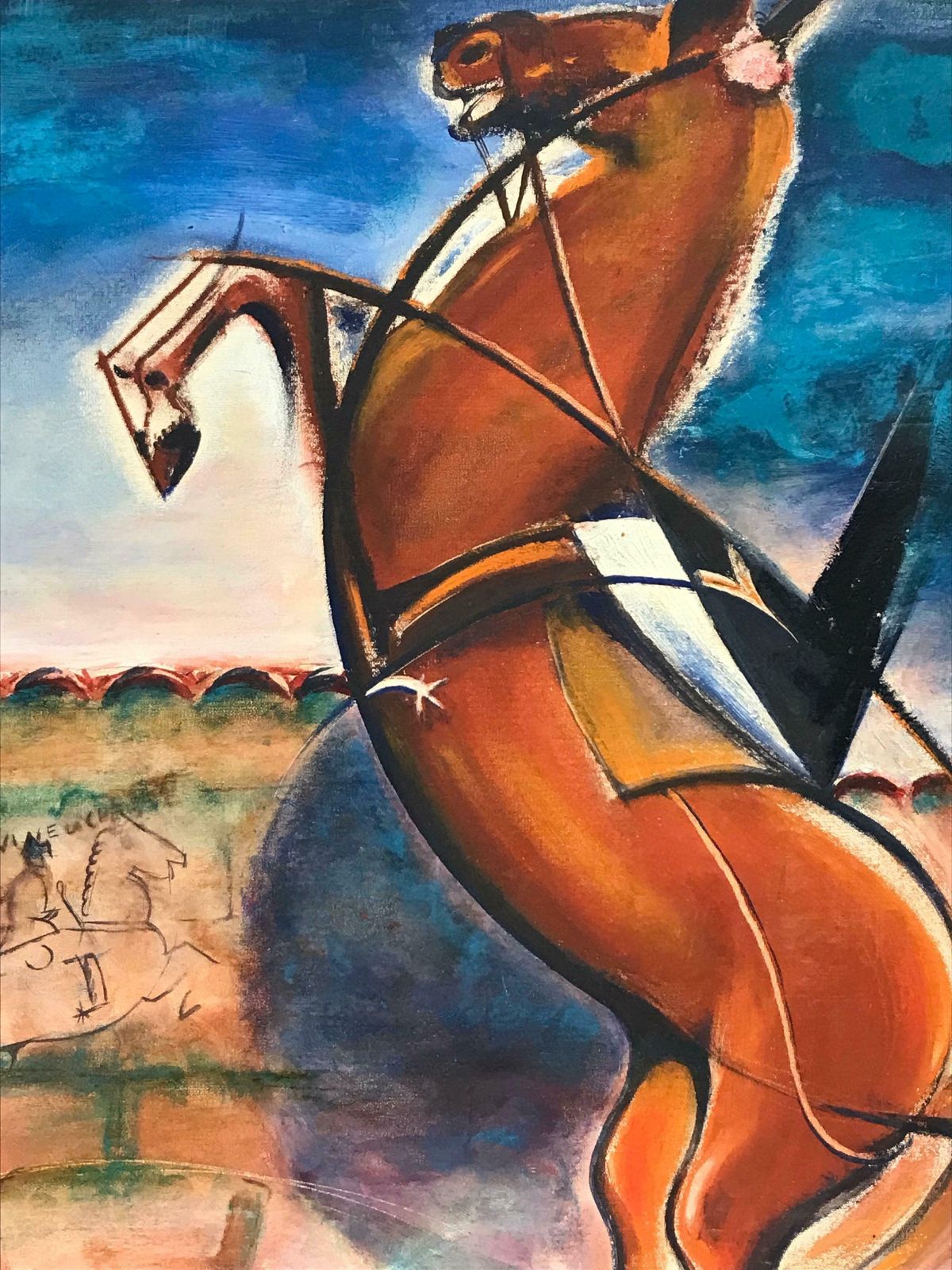 French School1950's French/ Spanish Signed Oil   Modernist Prancing Horse In Landscapec. 1950 photo for sale