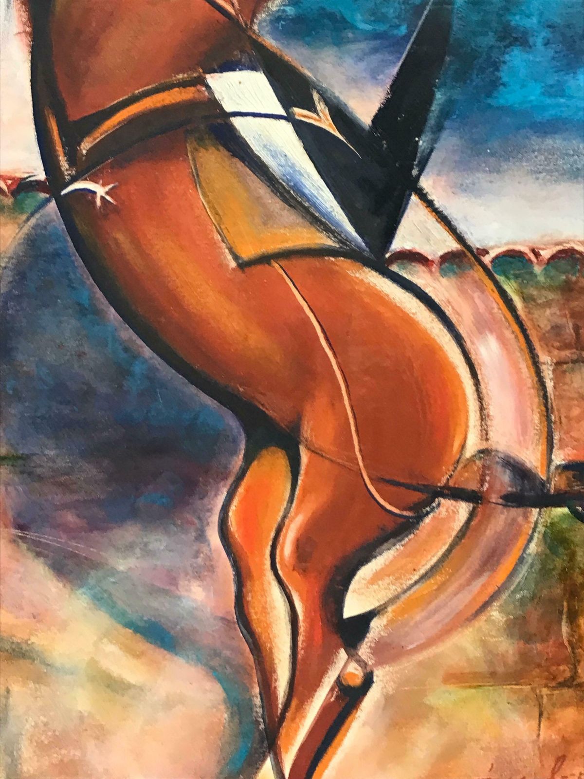 French School1950's French/ Spanish Signed Oil   Modernist Prancing Horse In Landscapec. 1950 photo Art