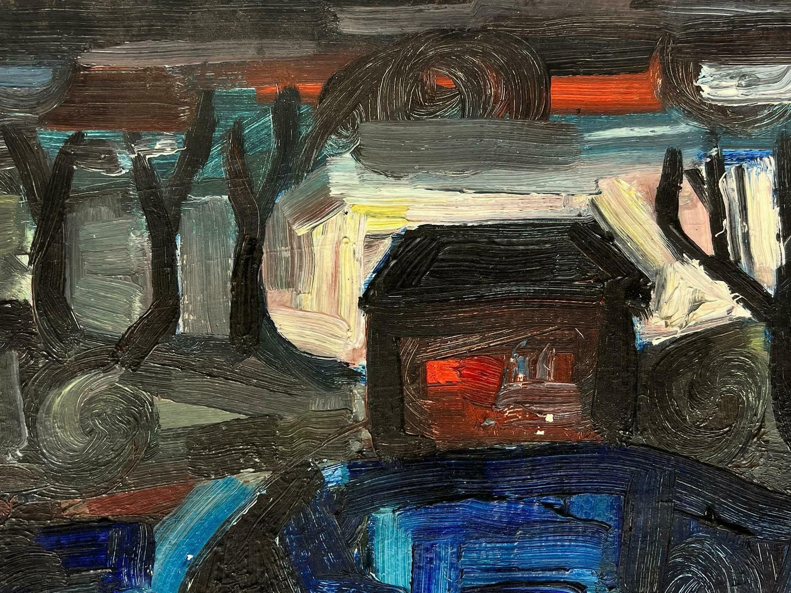 French School1950’s French Expressionist Oil Dusk Landscape House & Bare Trees photo for sale