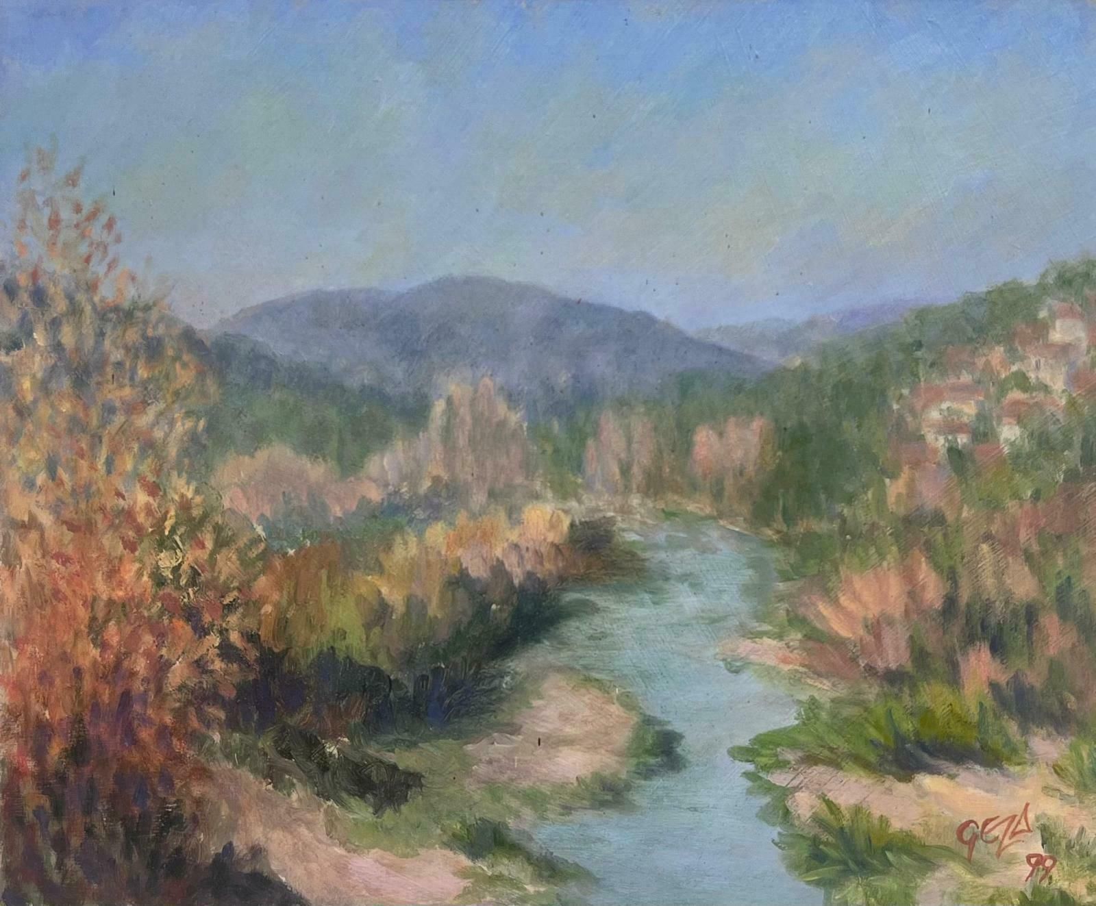 Geza Somerset Paddonblue Stream Through The Valley Contemporary British Oil Painting