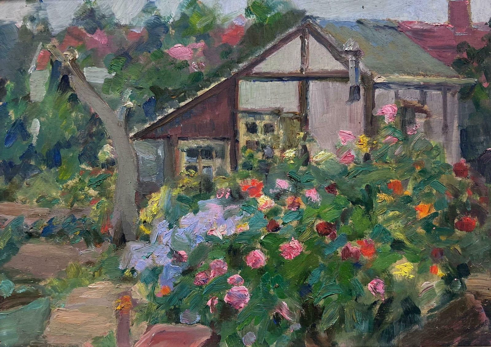 Louise Alixfrench Impressionist Oil Summer Green House In Rose Garden1940's photo furniture