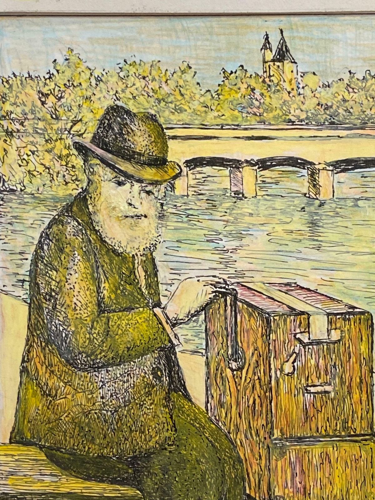 Bernard Labbe1950's French Painting Signed The Busker River Seine Paris1950's