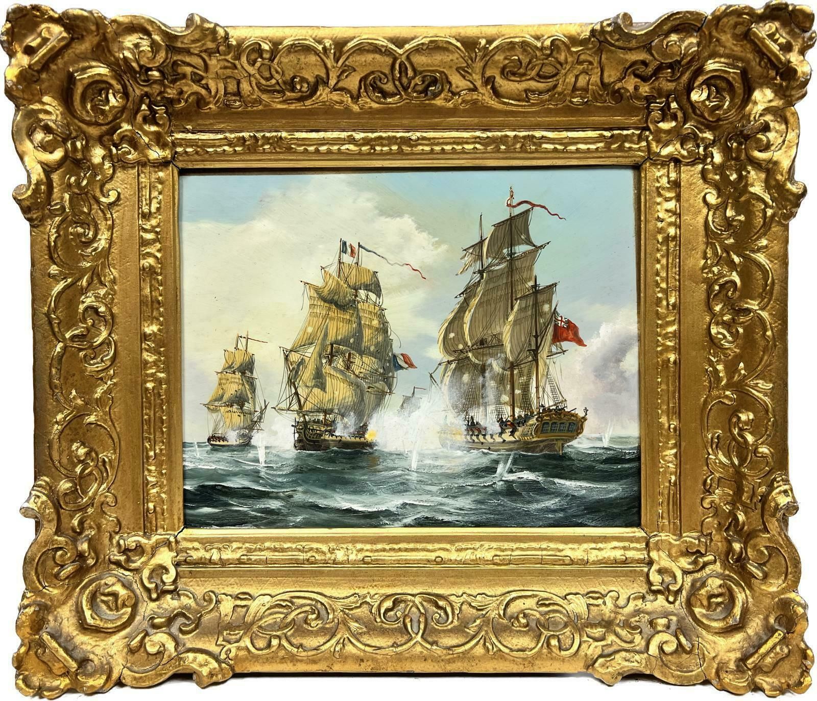 Contemporary English Schoolenglish School Oil Painting Napoleonic Wars Naval Engagement Battle At Sea