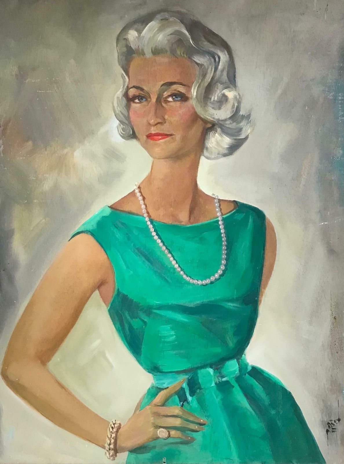 20th Century French Schoolhuge 1960s French Signed Oil   Portrait Of Fashionable Woman Emerald Green Dressc. 1960's