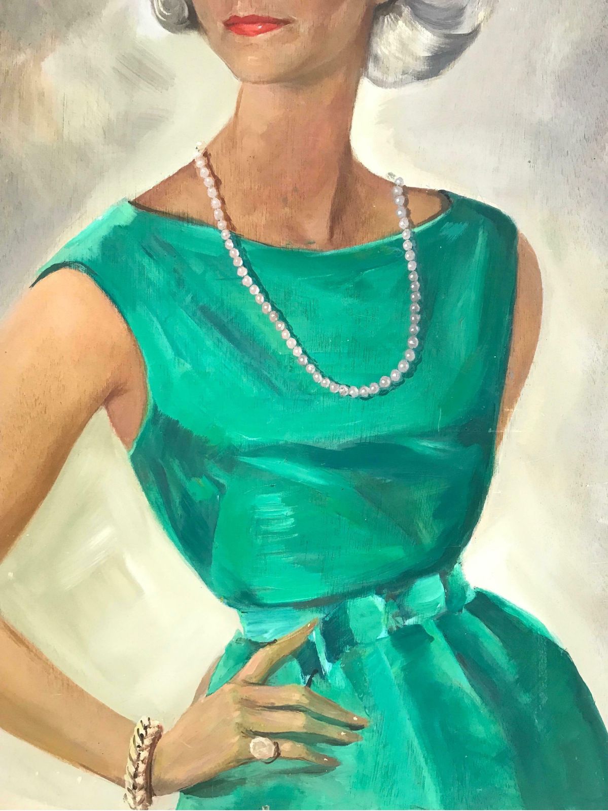 20th Century French Schoolhuge 1960s French Signed Oil   Portrait Of Fashionable Woman Emerald Green Dressc. 1960's photo Art