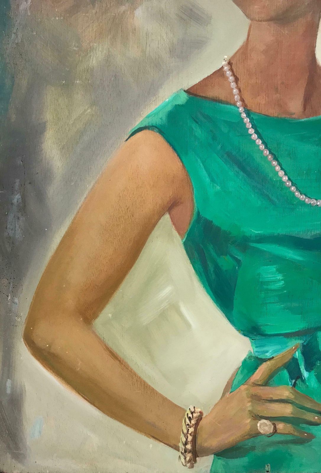 20th Century French Schoolhuge 1960s French Signed Oil   Portrait Of Fashionable Woman Emerald Green Dressc. 1960's photo 1530.0