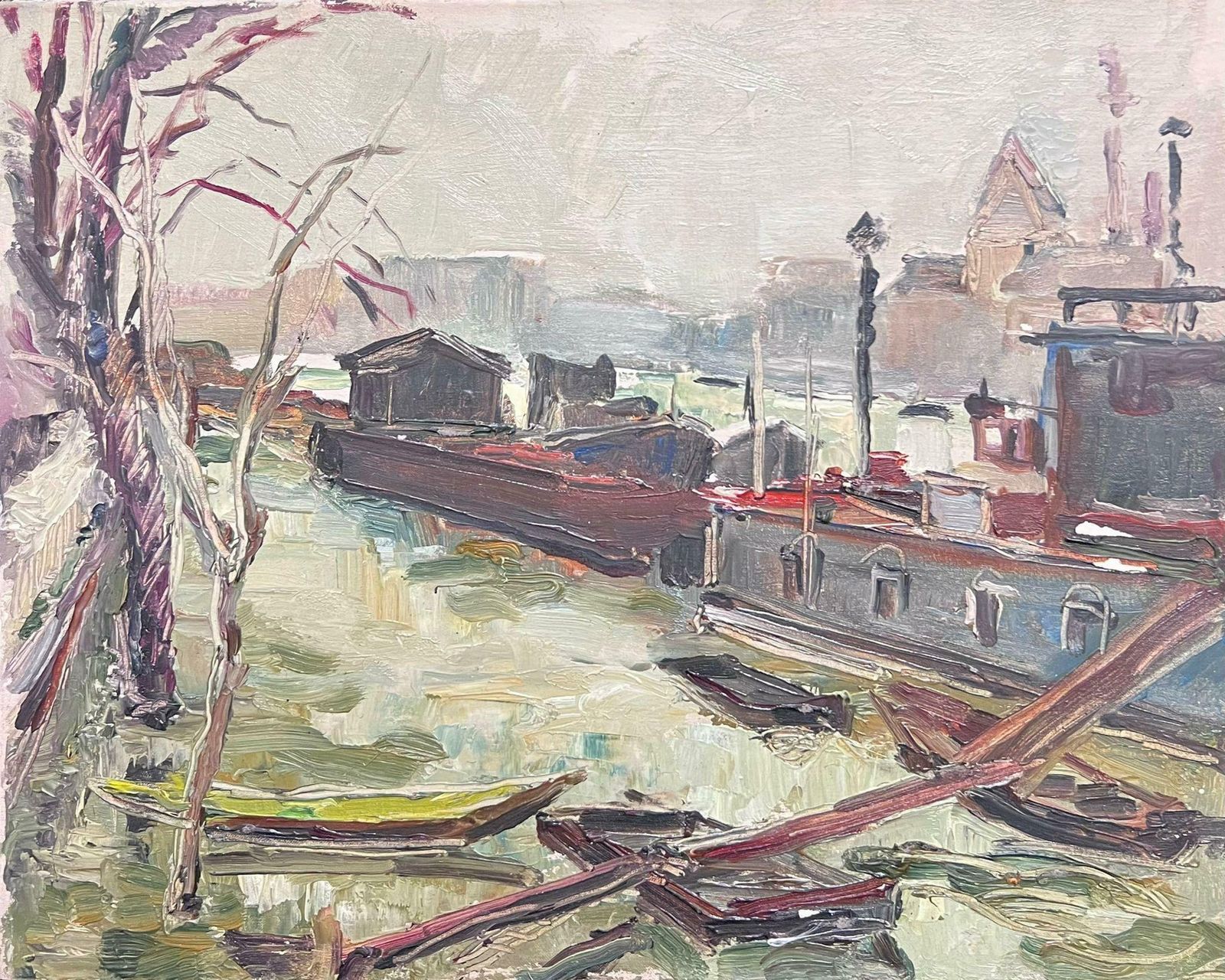 Regine Davidmid 20th Century French Post Impressionist Oil Barge Boats River Seine Paris1950's