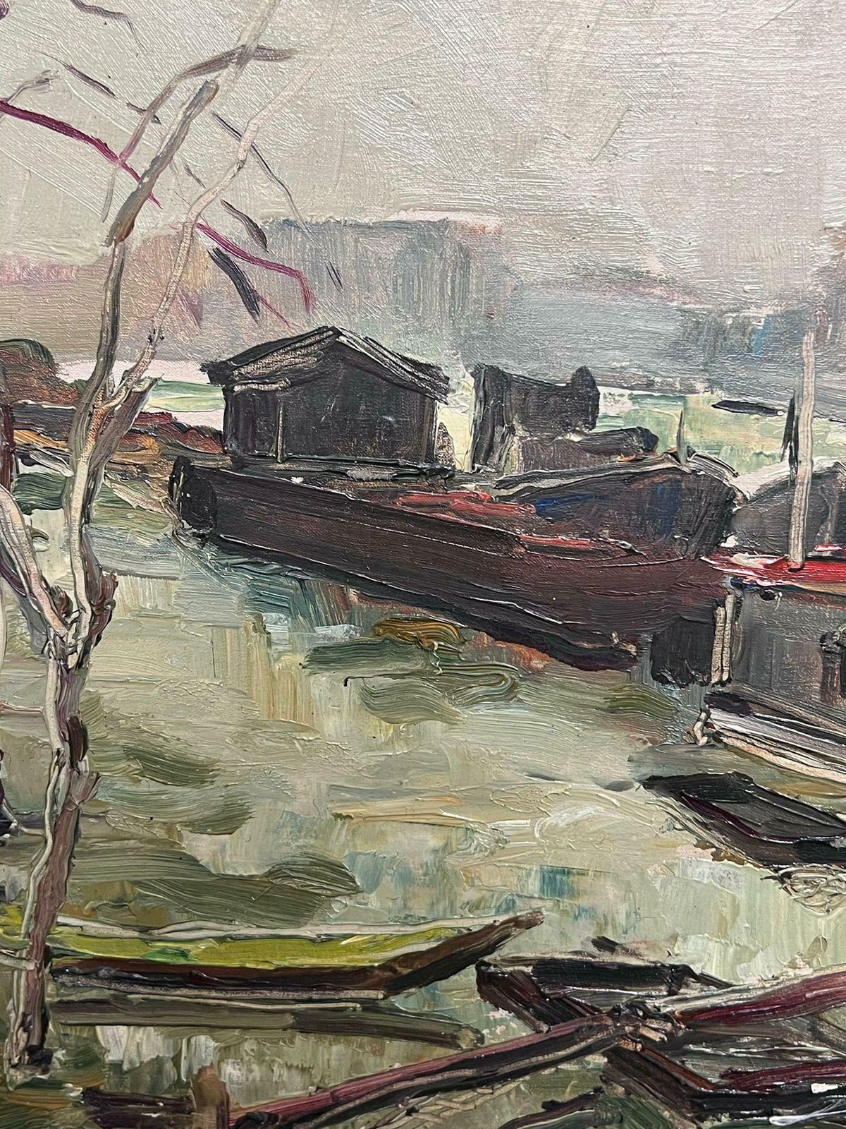 Regine Davidmid 20th Century French Post Impressionist Oil Barge Boats River Seine Paris1950's photo for sale