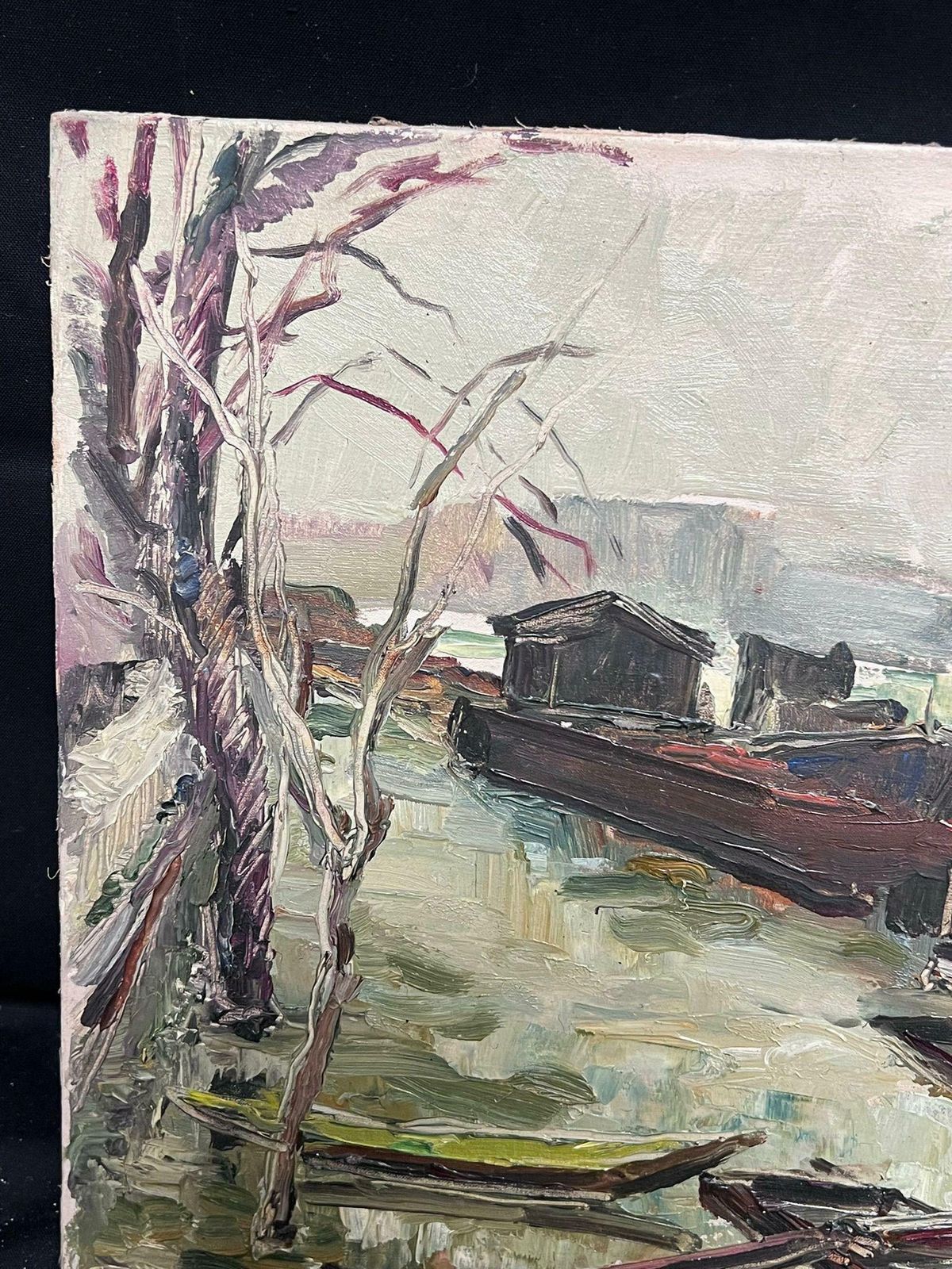 Regine Davidmid 20th Century French Post Impressionist Oil Barge Boats River Seine Paris1950's photo Art