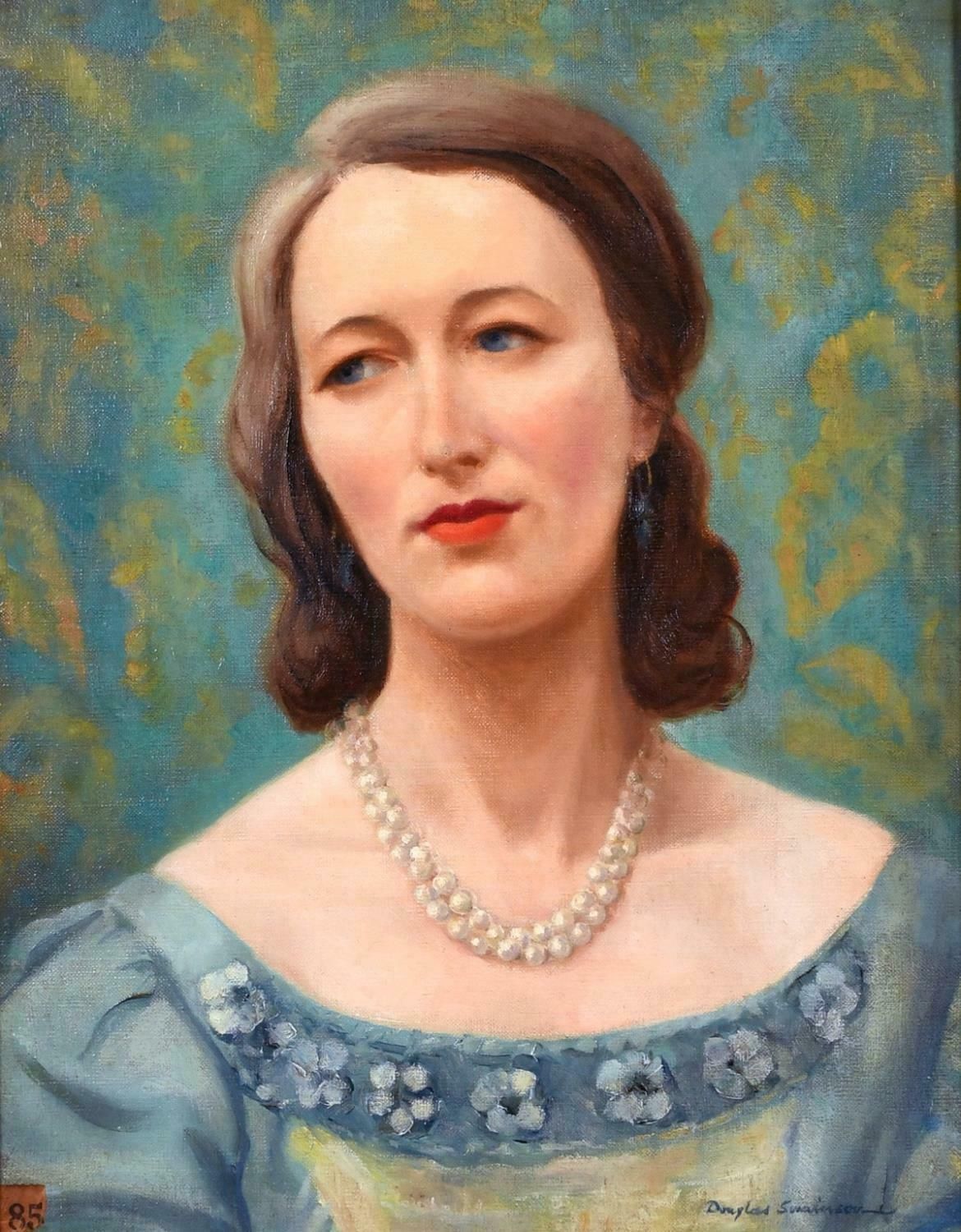 Douglas Swainsonmid 20th Century British Oil   Portrait Of A Lady In Pearl Necklace   Teal Greenc. 1950's