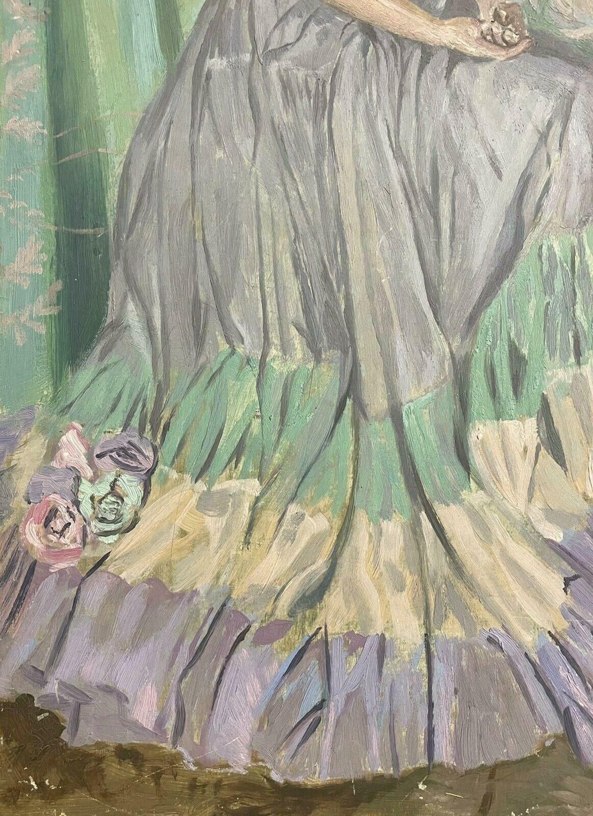 Frank Graves1940's English Signed Oil   Portrait Of A Lady In Elegant Dress   Greens & Pinksc. 1930's photo vinterior