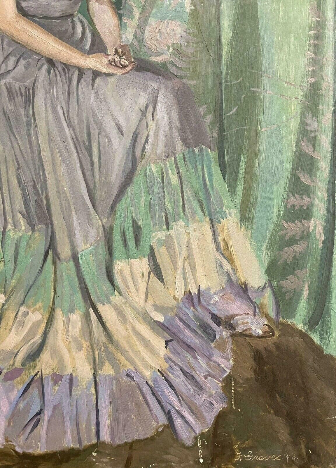 photo furniture Frank Graves1940's English Signed Oil   Portrait Of A Lady In Elegant Dress   Greens & Pinksc. 1930's