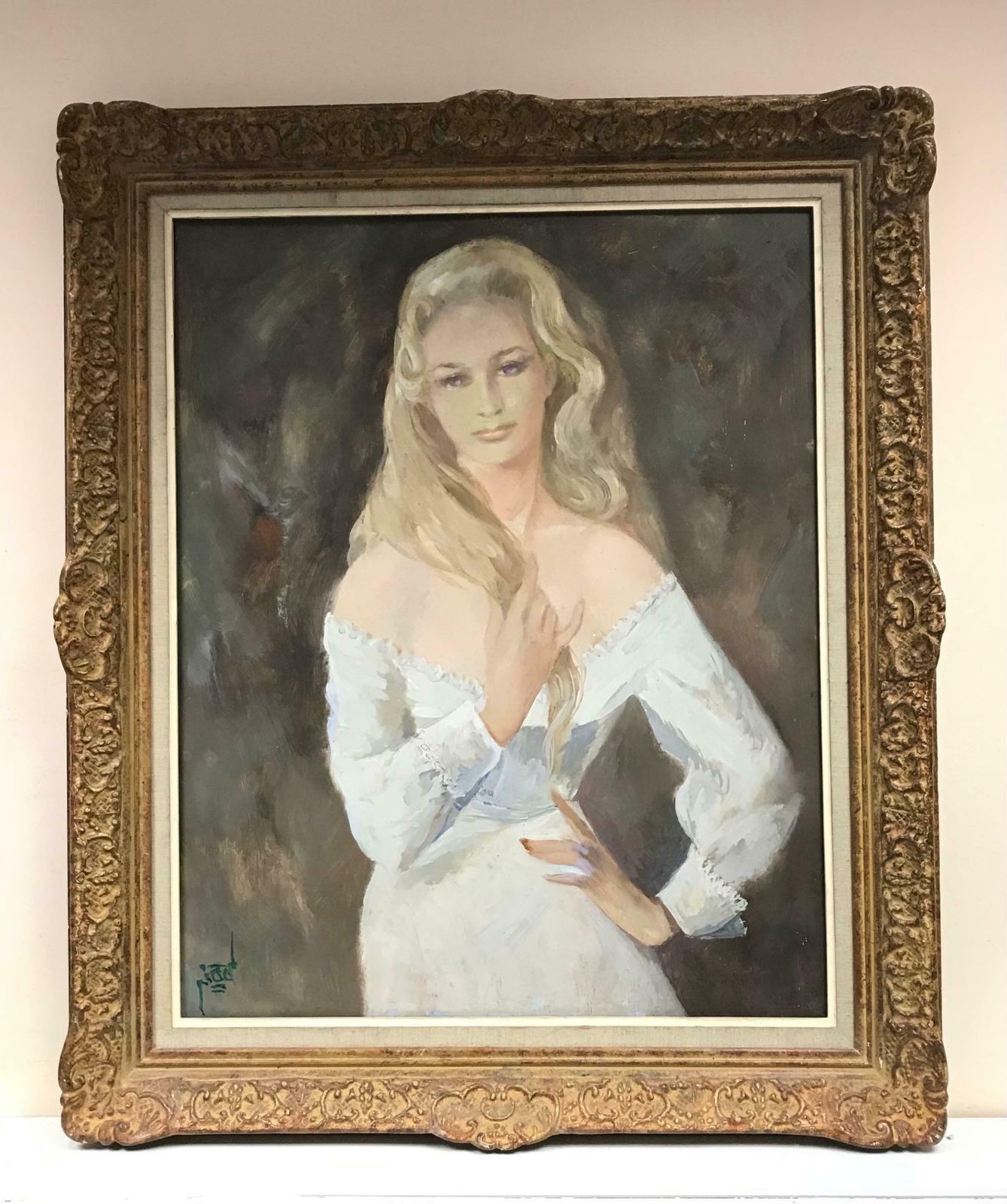 French Schoolvery Large 1960's French Signed Oil   Portrait Of Beautiful Blonde Lady In Whitec. 1960's photo furniture